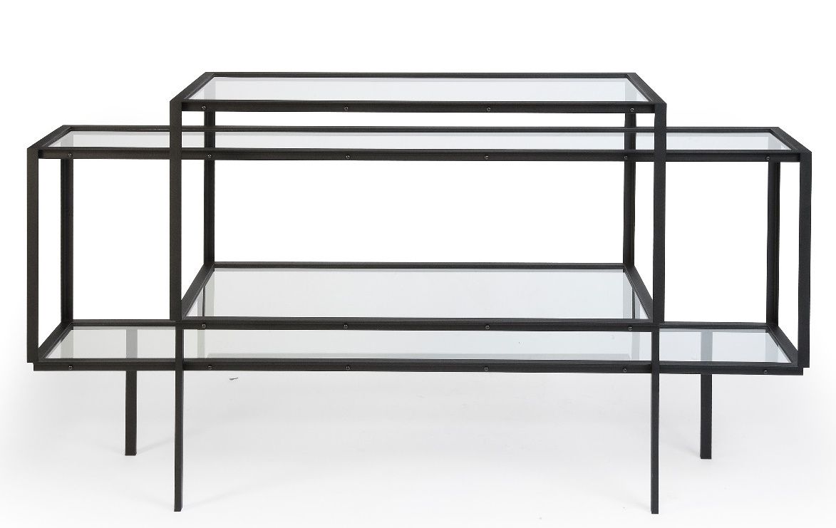 Tangled Kabinettschrank Sideboard Spectrum mit Glasablagen und schwarzem Metallrahmen, modernes Wohnzimmermöbel.