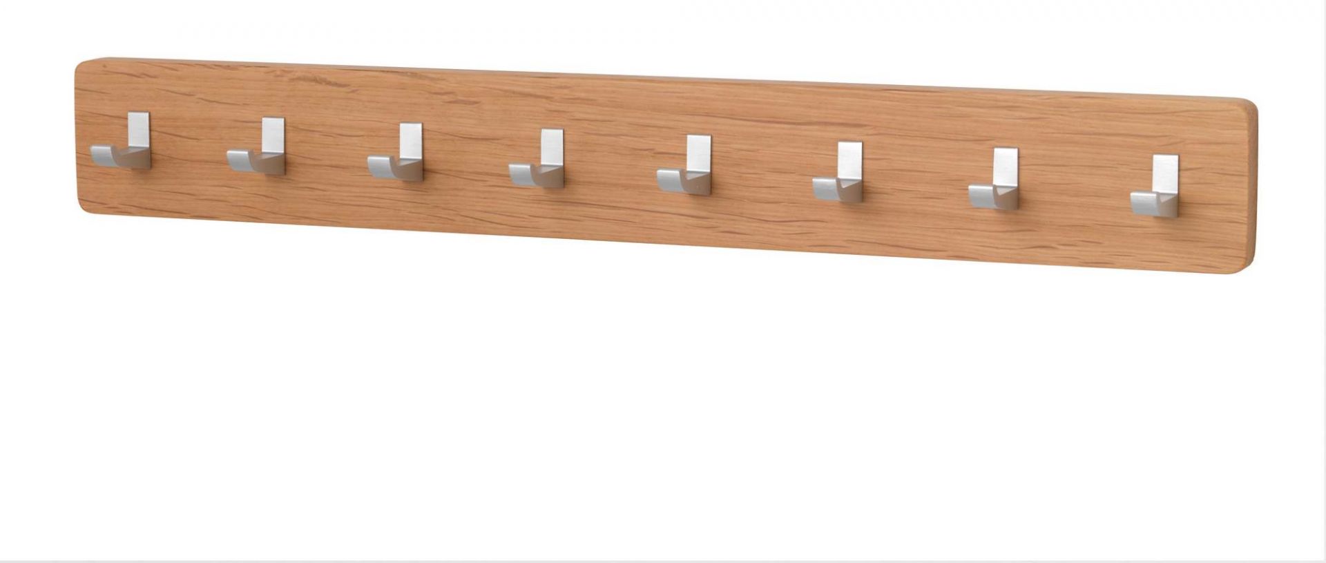 Schönbuch Key Bar Schlüsselhakenleiste aus hellem Holz mit acht silberfarbenen Haken für Schlüssel und mehr.