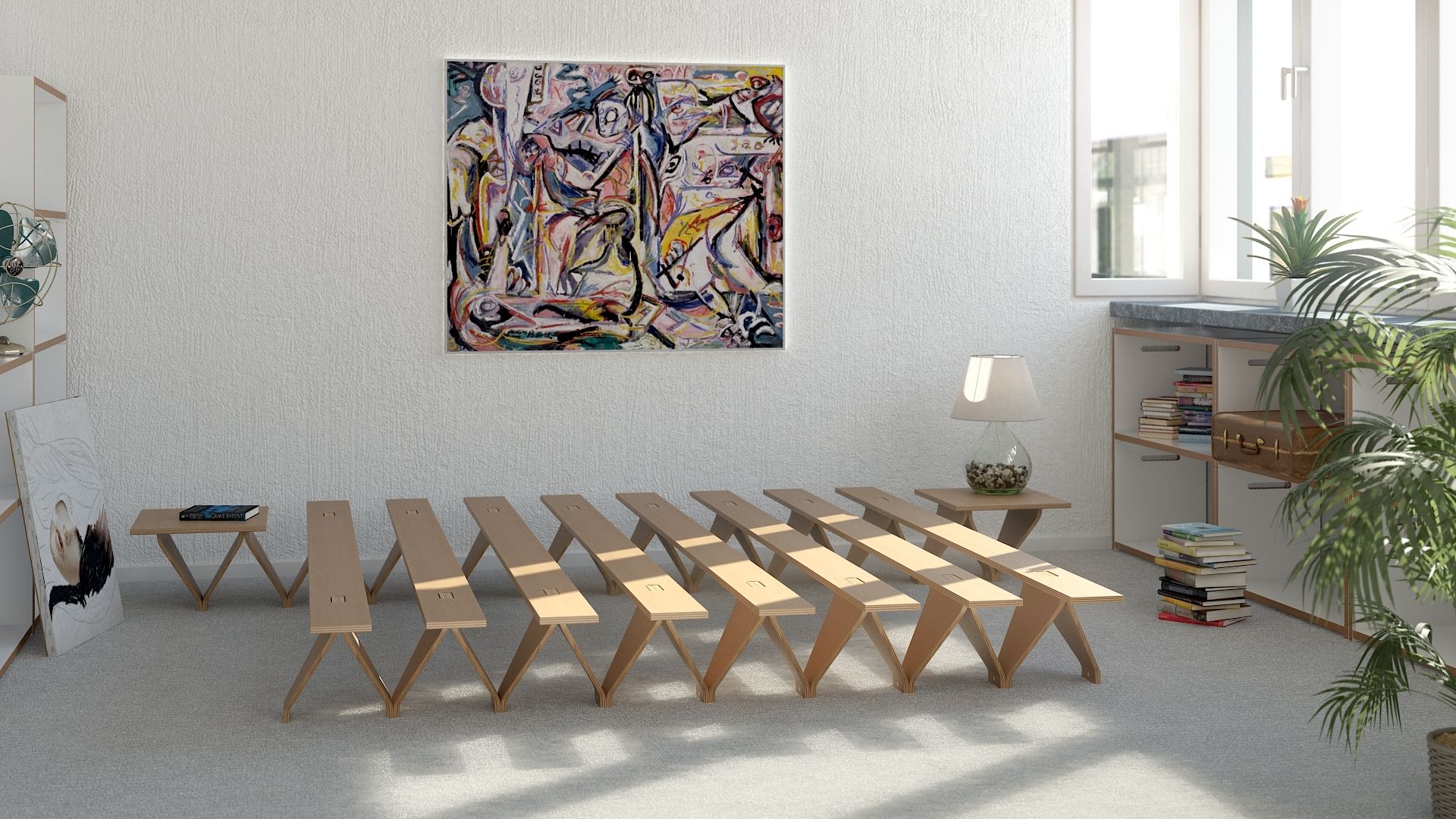 Helles Zimmer mit Tojo Bett B 200 Liegeelementen aus Holz, flexibel erweiterbar.