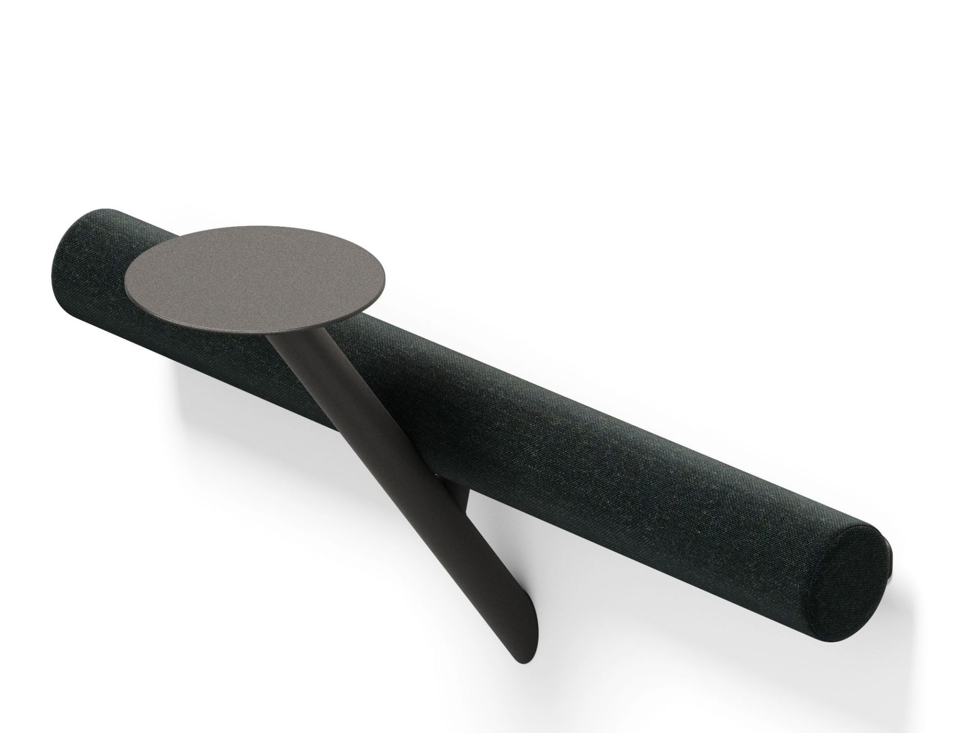 Lumber Wall Sitzmöbel: Wandmontierte Sitzbank mit rundem Tisch in dunklen Farben.