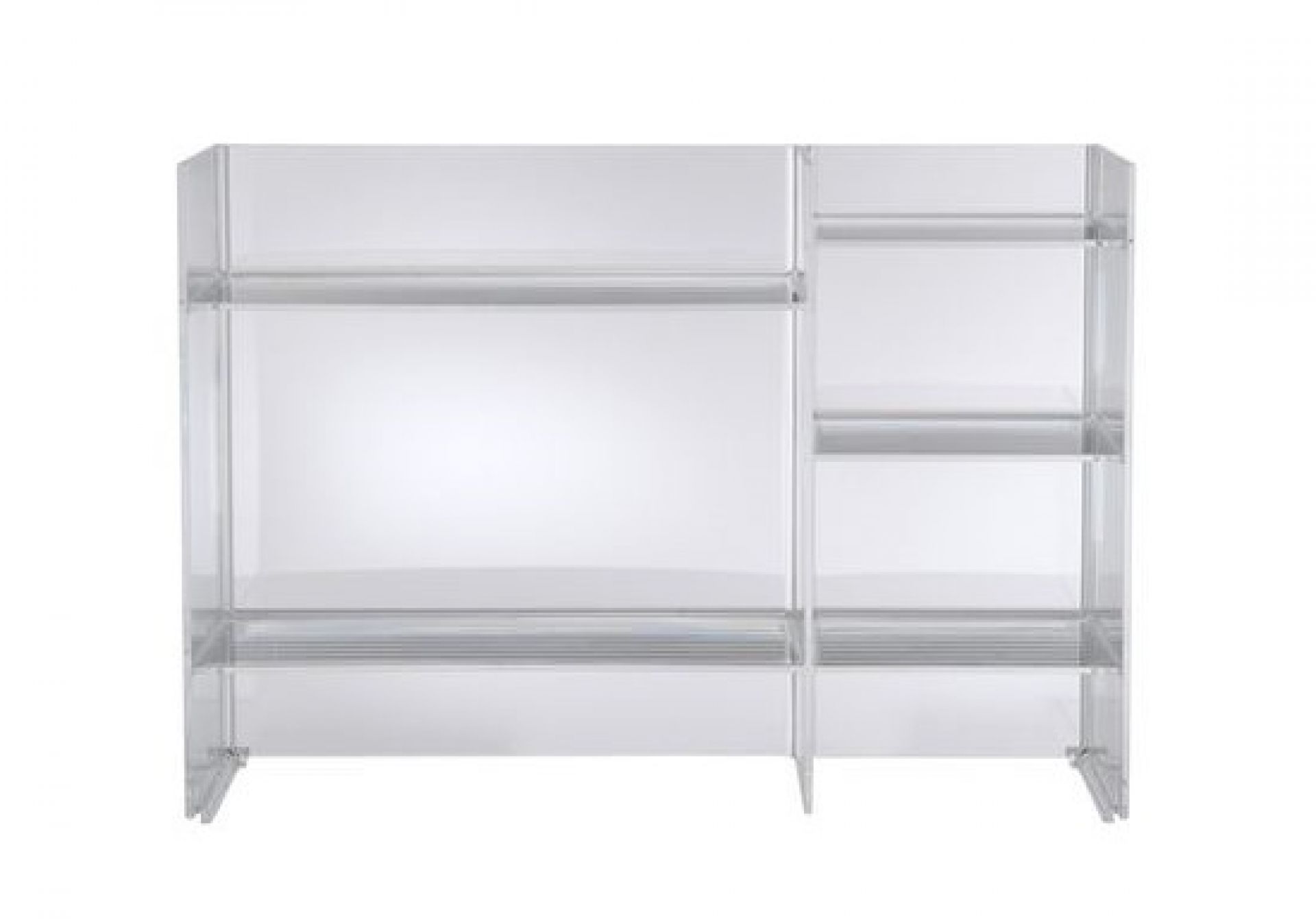 Klares Kartell Regalsystem, modulares Sound-Rack mit Fächern und Ablageflächen, modernes Design.