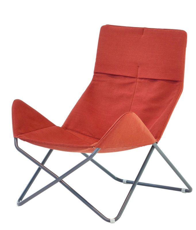 In-Out Sessel von Richard Lampert, Indoor Sessel mit rotem Stoffbezug und Metallgestell.