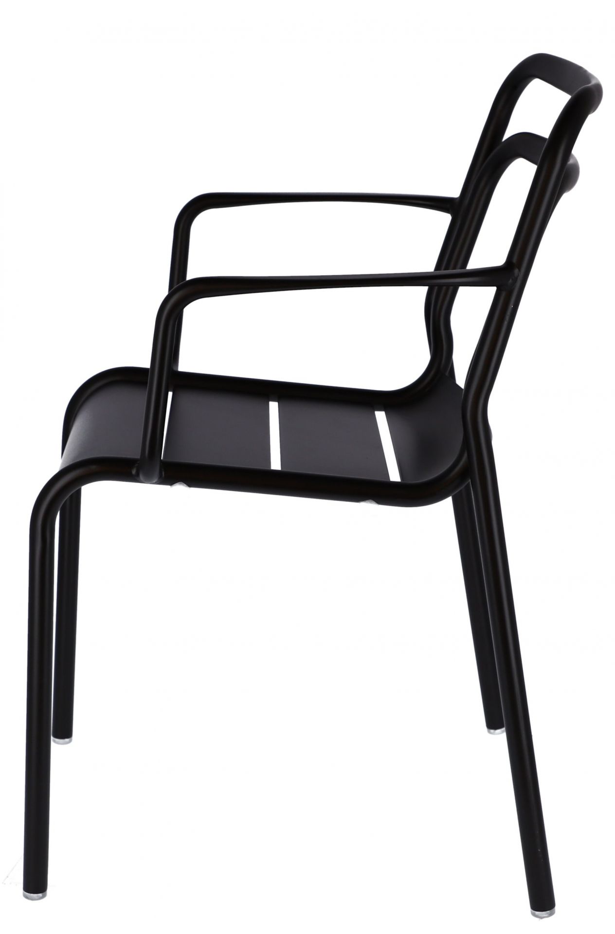 Schwarzer Jan Kurtz Live Stapelsessel Outdoor aus Metall, Seitenansicht auf weißem Hintergrund.