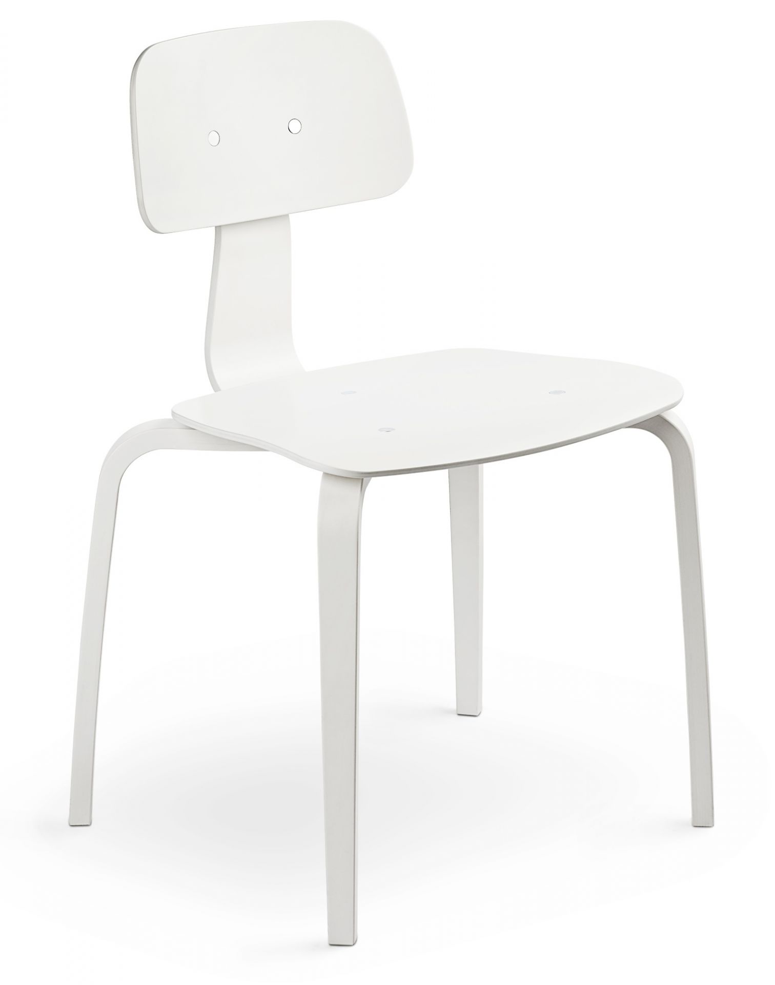 Weißer Kevi Stuhl mit Rückenlehne und vier Beinen, modernes Design für Büro und Wohnraum.