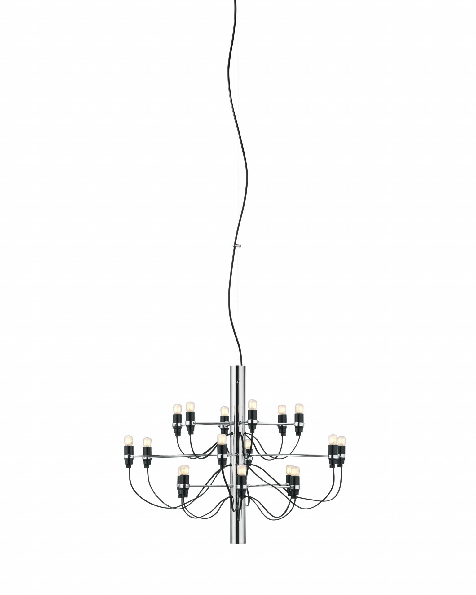 Flos 2097 Kronleuchter in Chrom mit 18 mattierten Glühbirnen, modernes Design für Wohnräume.