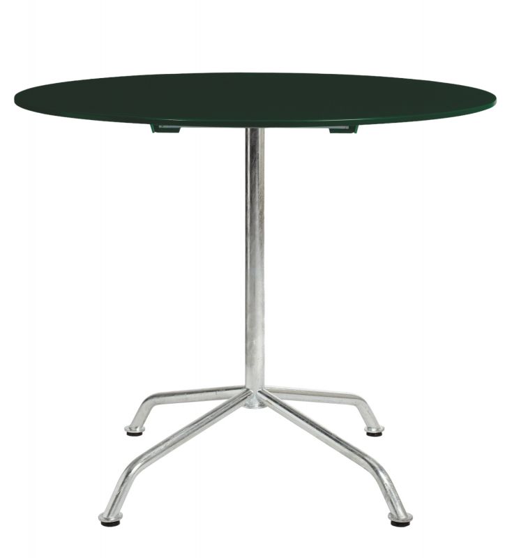 Haefeli Gartentisch Outdoor Ø 90 cm von Embru mit runder, grüner Tischplatte und Metallgestell.