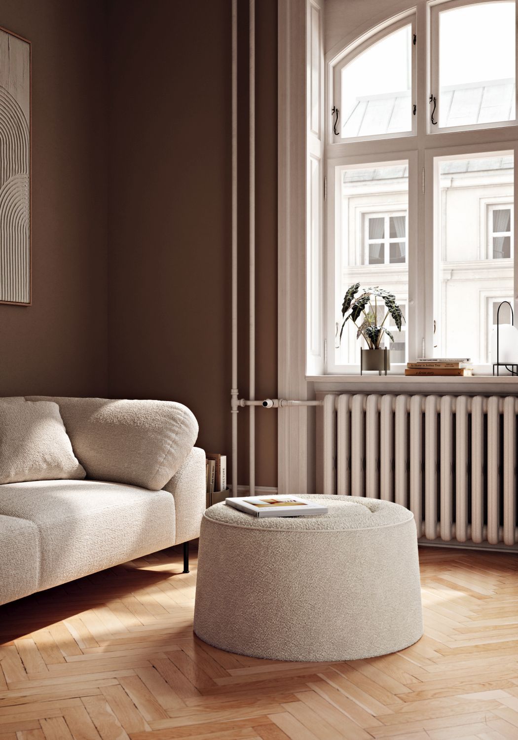 Beiger Praline Hocker von Woud, Ø78cm, als Sitzhocker oder Fußhocker im Wohnzimmer.