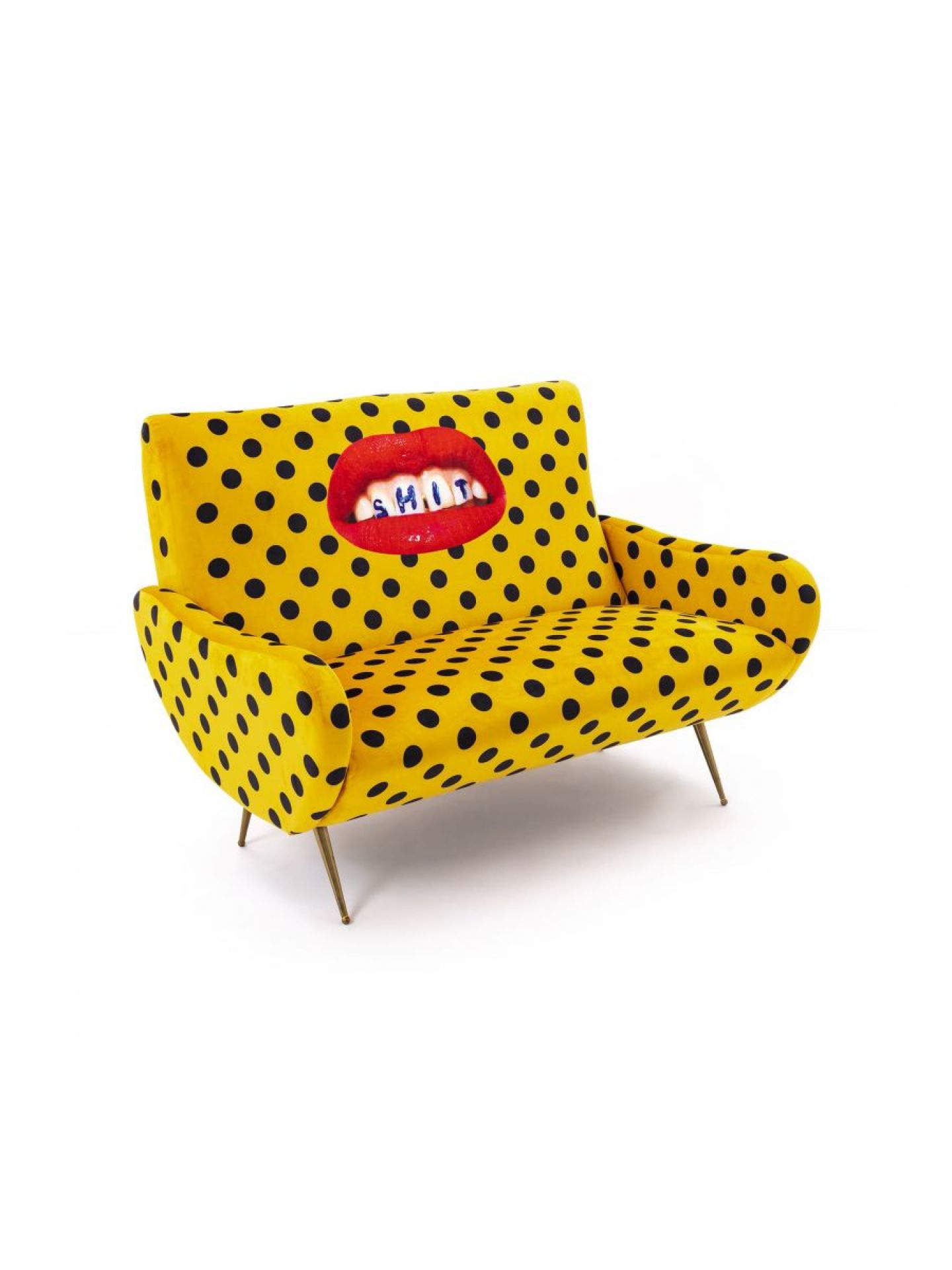 Toiletpaper 2-Sitzer-Sofa von Seletti: Gelbes Sofa mit schwarzen Punkten und rotem Mund-Motiv für Wohnzimmer.