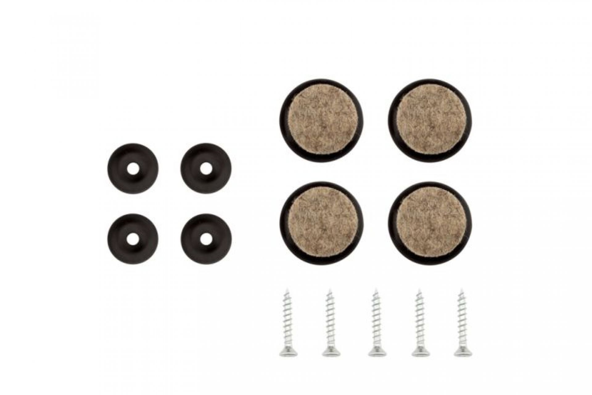 Gleitersatz für Holzstühle: Filzgleiter, Unterlegscheiben und Schrauben für Stuhlbeine.