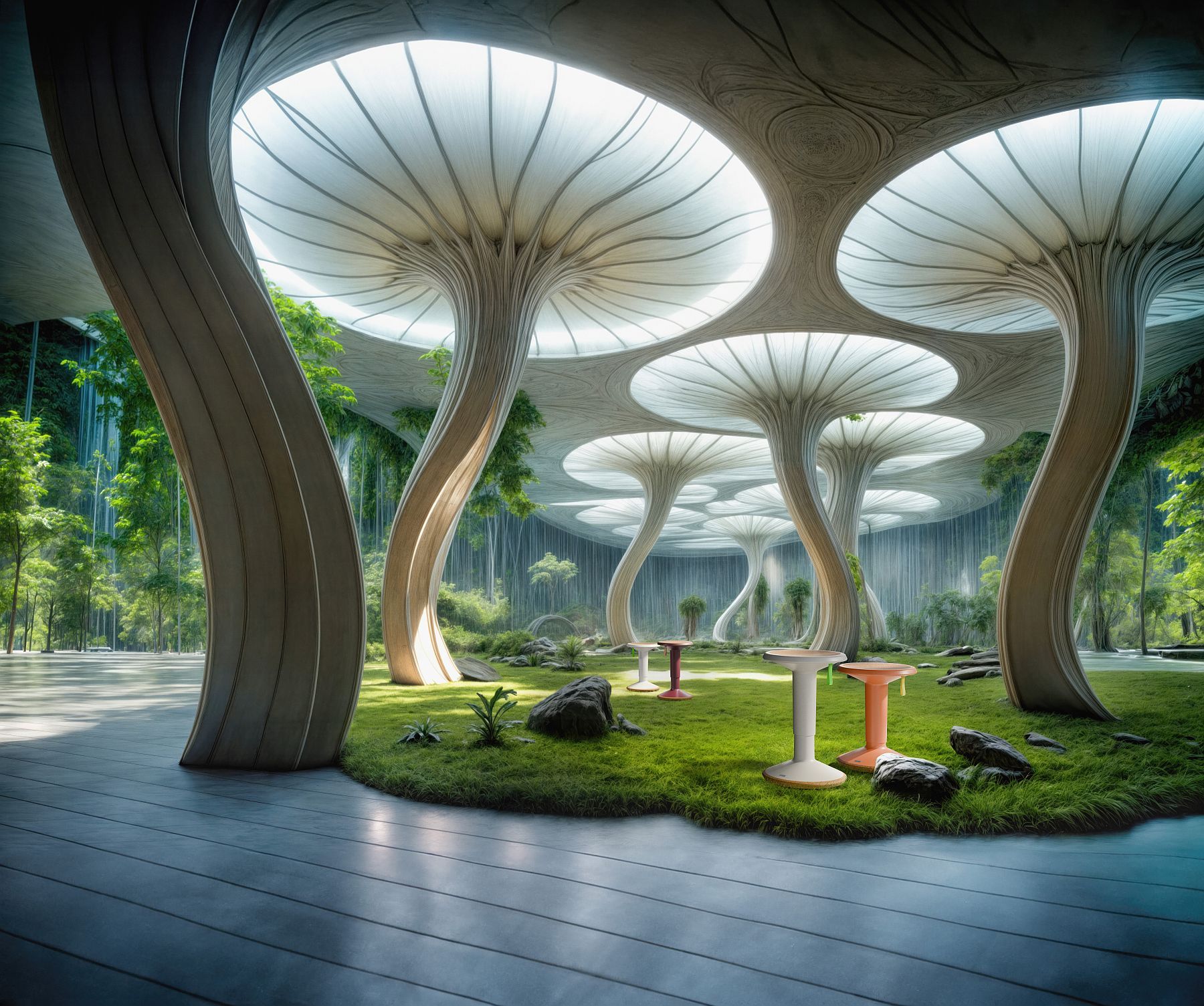 ECO UP Sitzhocker Interstuhl in futuristischer Umgebung mit organischen Formen und viel Grün.