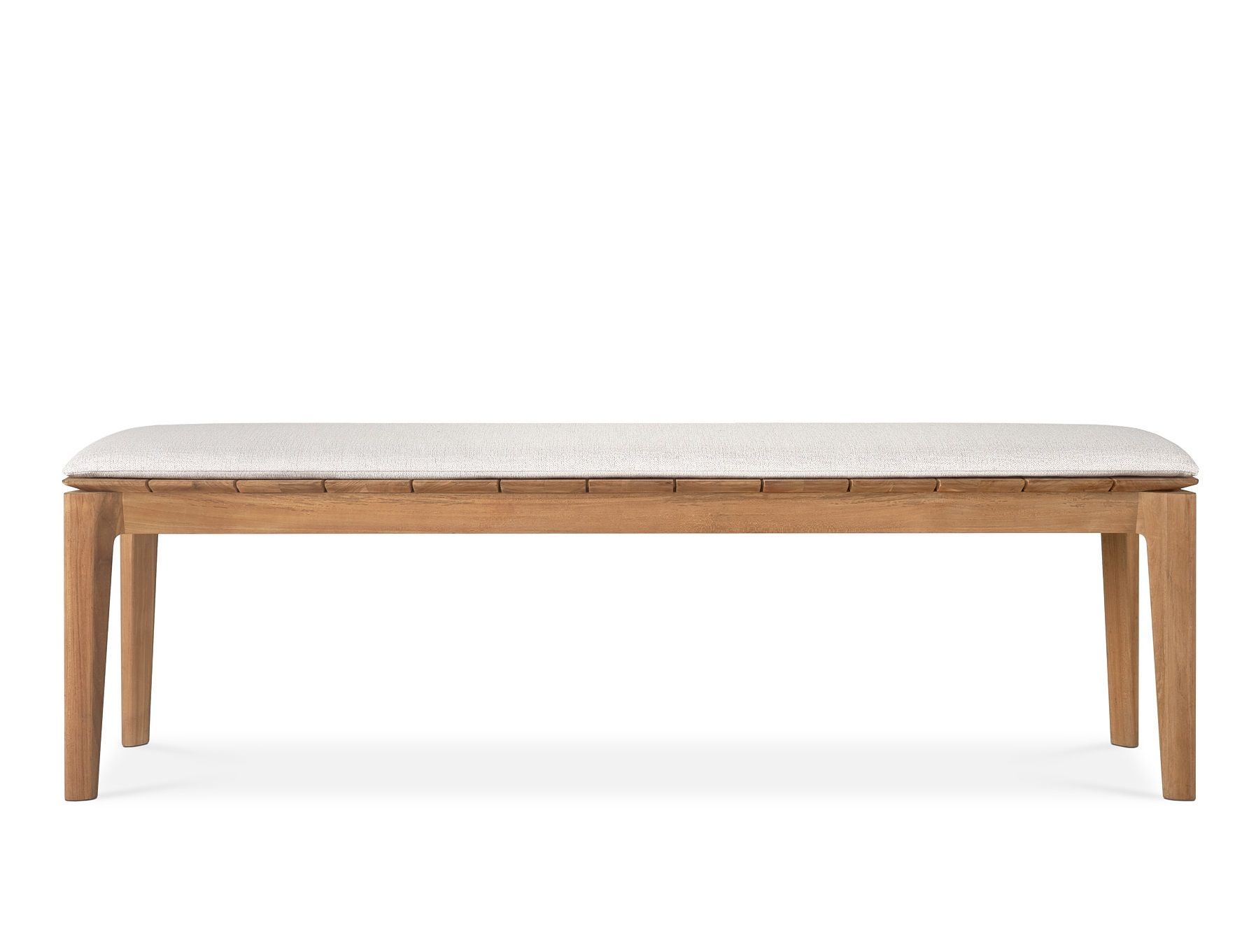 Bok Bank: 3-Sitzer Gartenbank aus Teakholz mit hellem Polster für den Außenbereich.