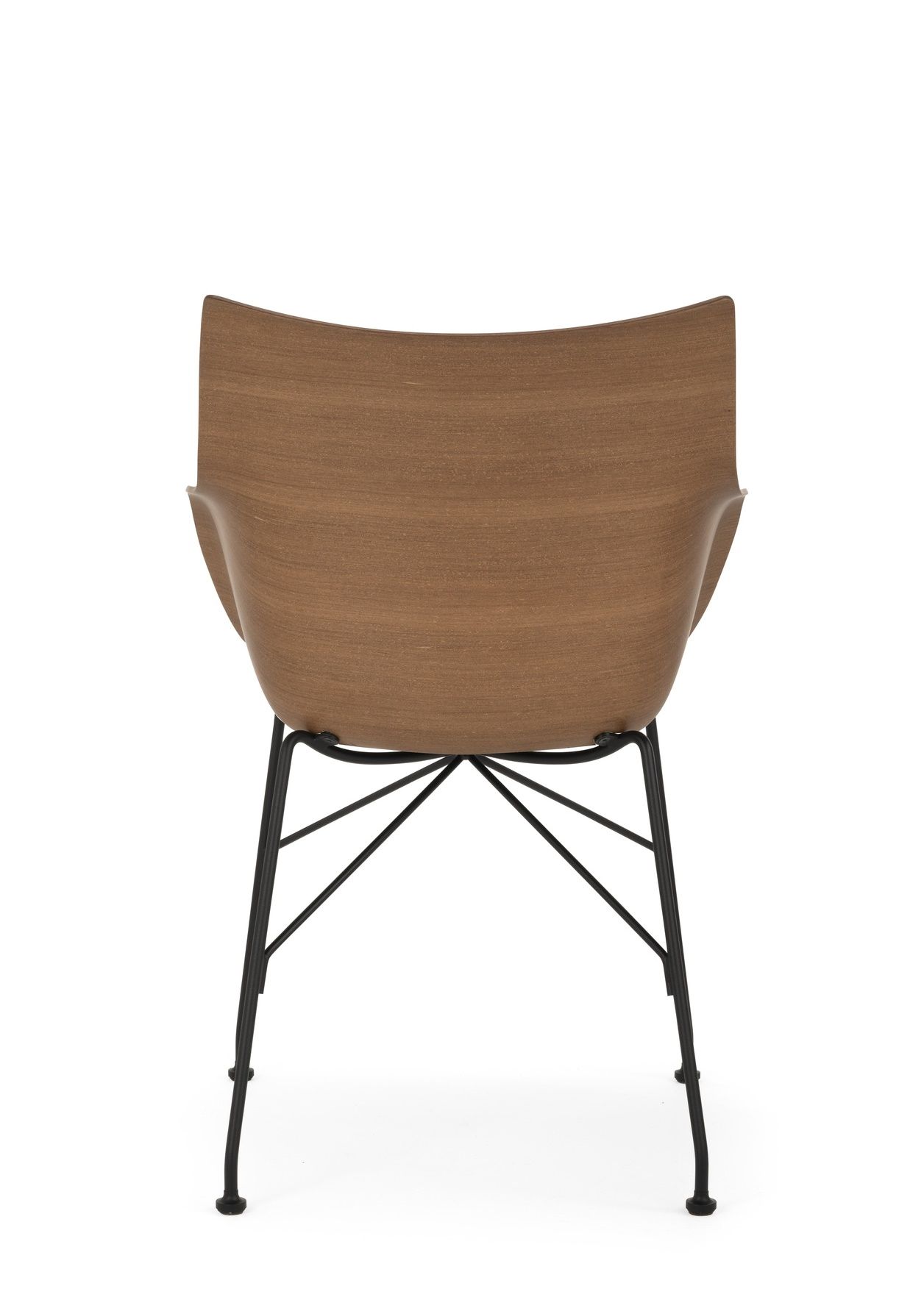 Rückansicht des Q/Wood Stuhls von Kartell mit Holzoptik und schwarzem Metallgestell.