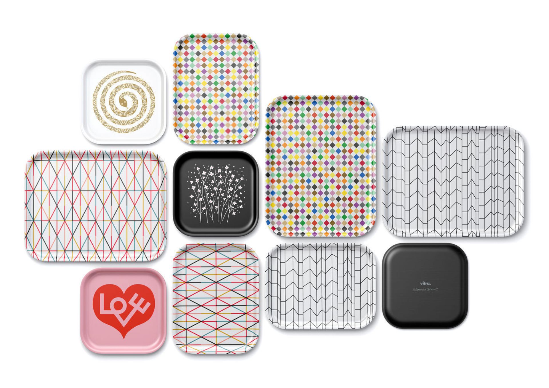 Vitra Tabletts, verschiedene Designs: Punktmuster, geometrische Formen, Blumen, Herz. Dekoratives Serviertablett für Küche und Wohnen.