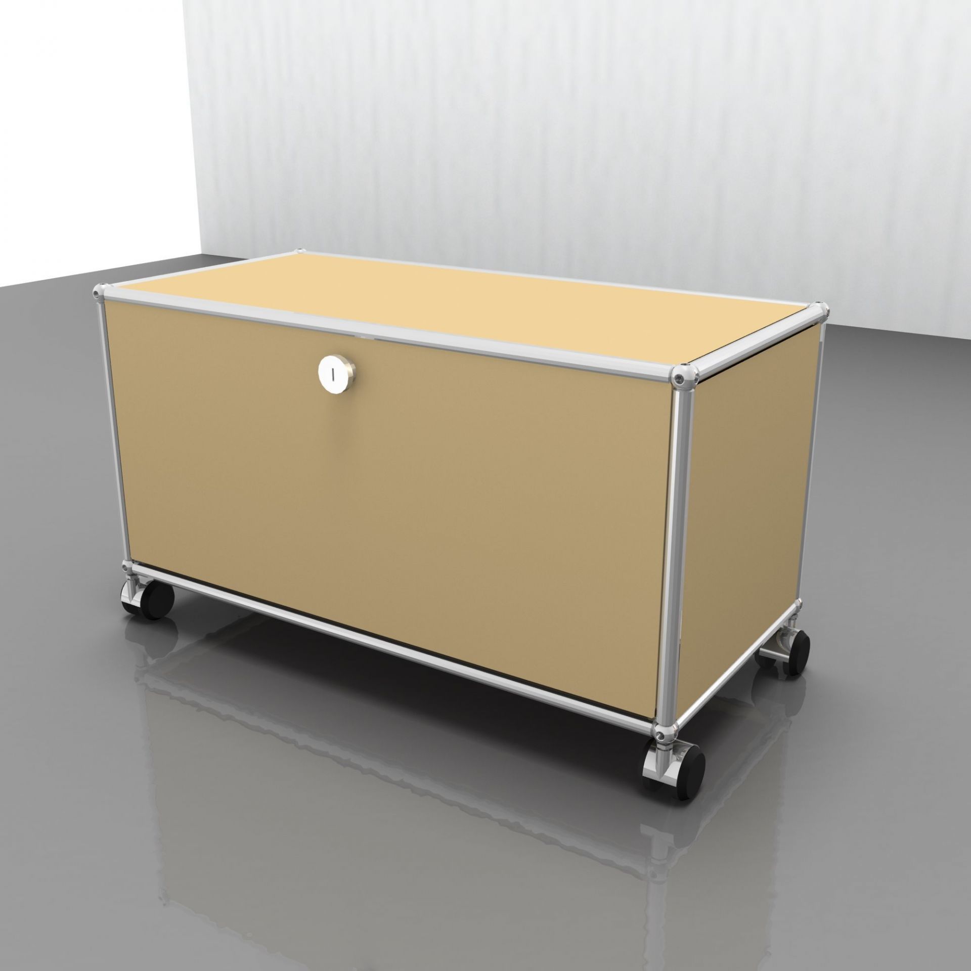 Beiges USM Haller Möbel mit Rollen, geeignet als TV-Möbel oder Hi-Fi-Möbel, modernes Design.