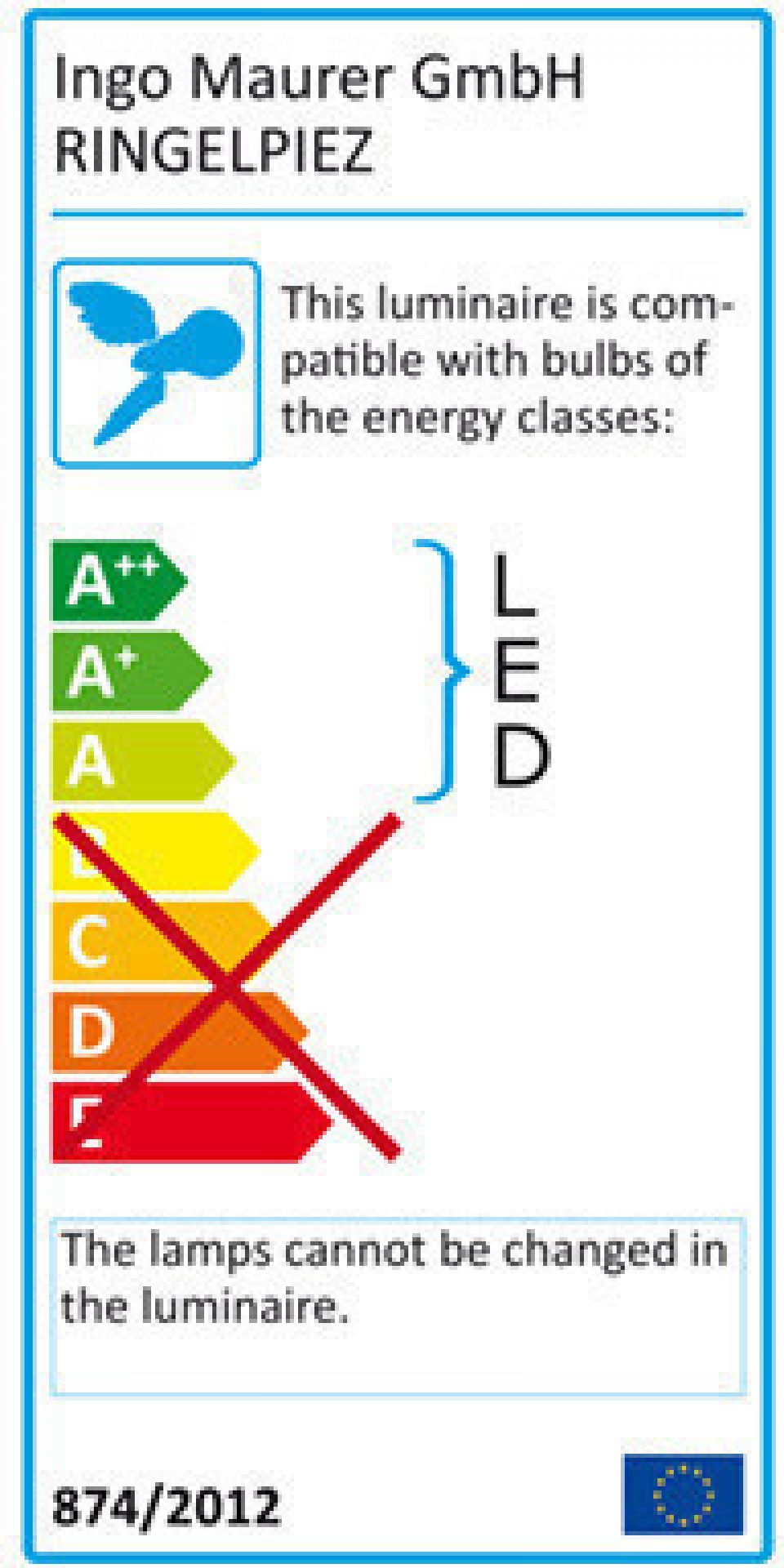 Energielabel der Ringelpiez Stehlampe von Ingo Maurer, zeigt Energieeffizienzklasse A bis D.