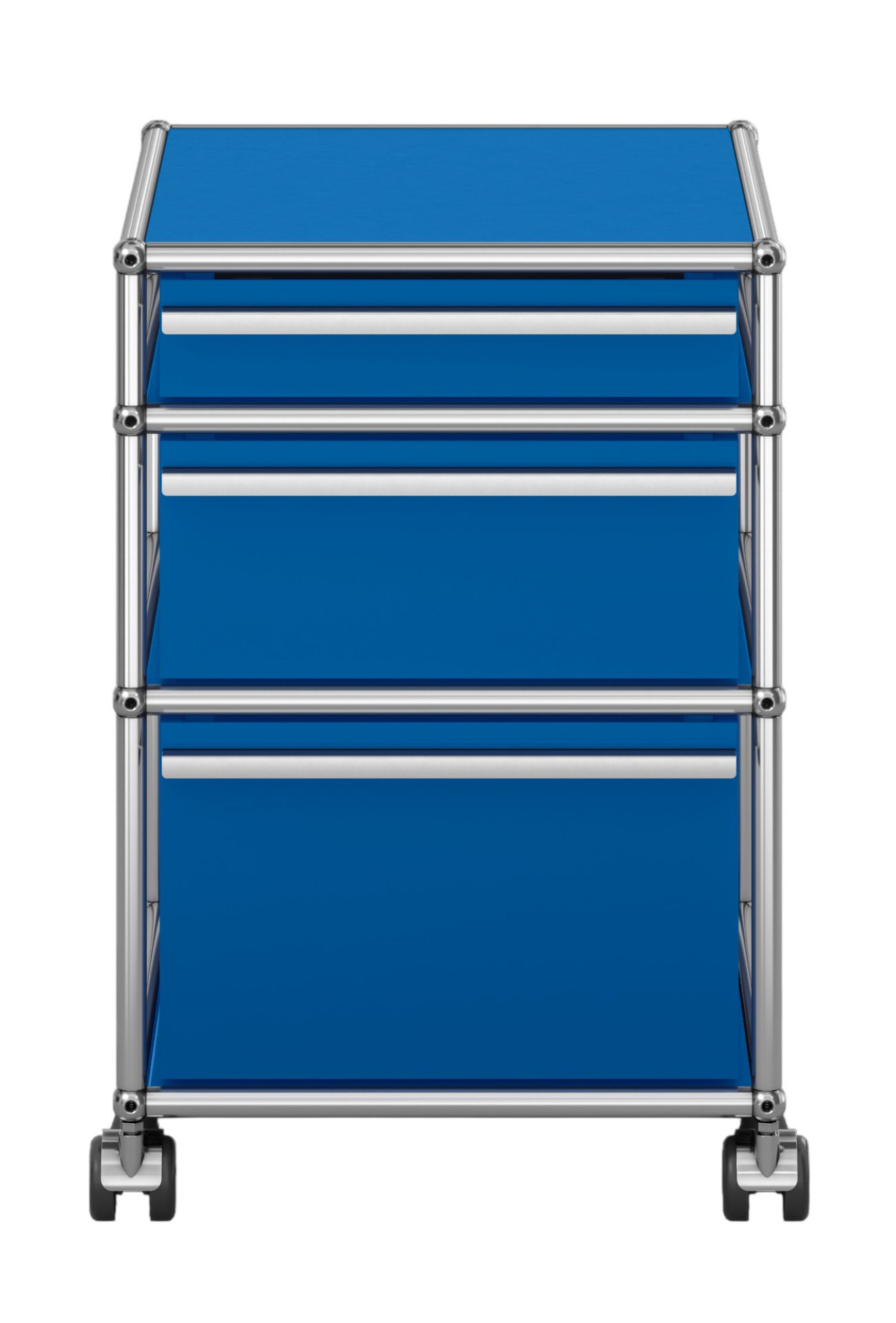 USM Haller Rollcontainer mit drei Schubladen in Enzianblau, modernes Design mit verchromtem Gestell und Rollen.