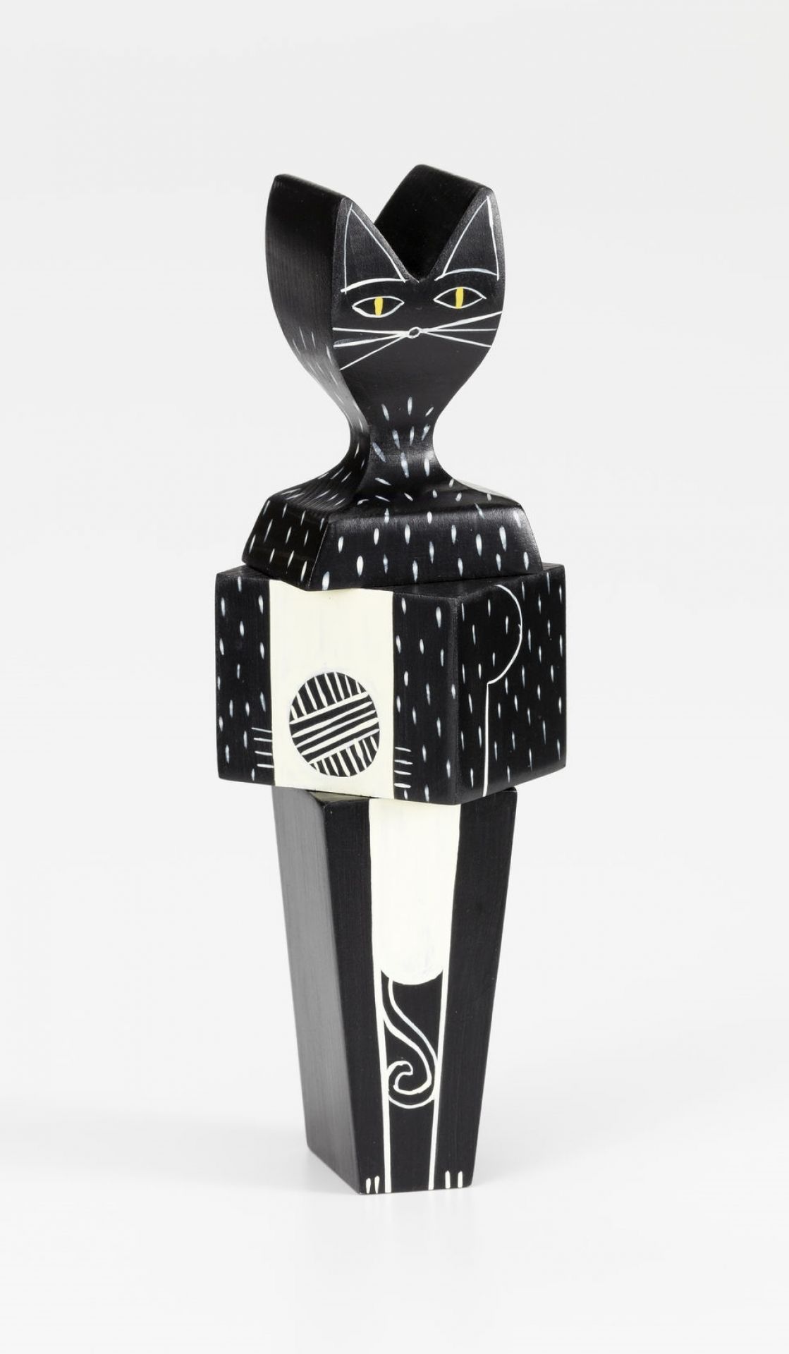 Vitra Katze klein Holzfigur, dekorative Wooden Doll Katze in Schwarz-Weiß mit abstrakten Mustern.
