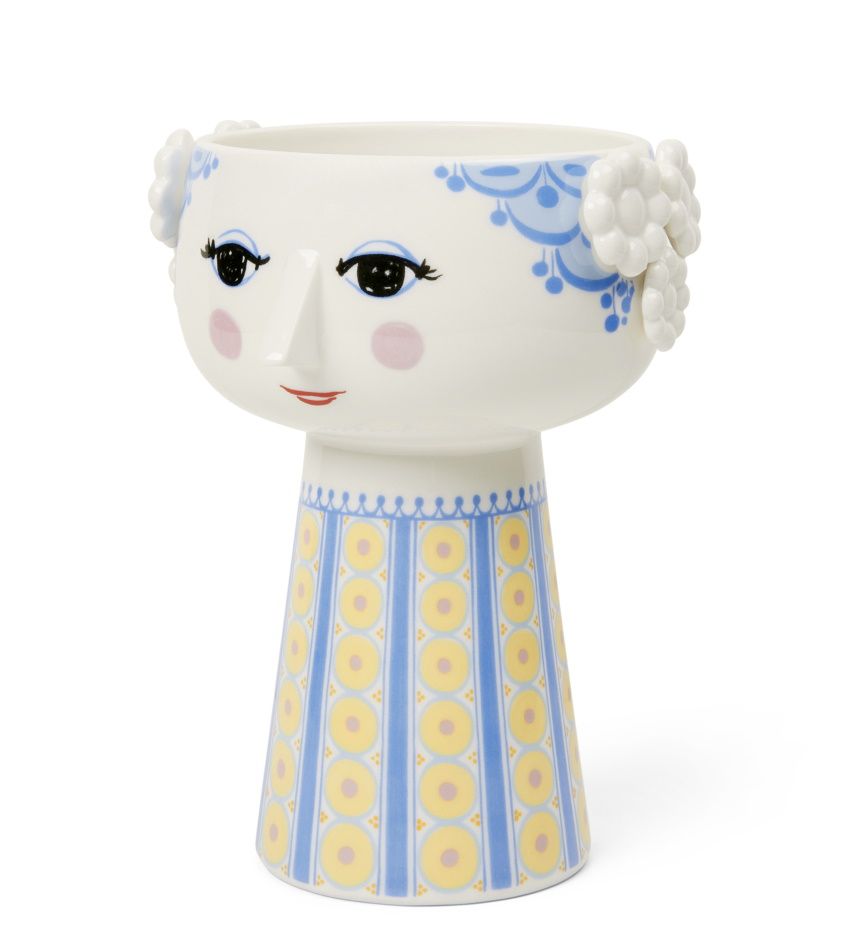 Hellblaue Eva Vase von Bjørn Wiinblad, H18,5cm, mit Gesicht und floralen Mustern. Dekorative Blumenvase.