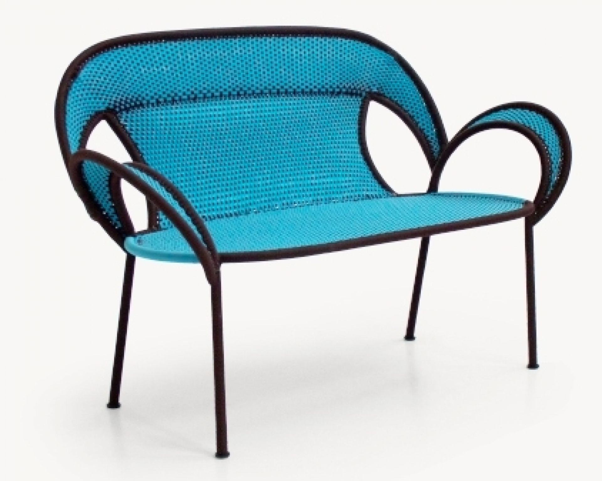 Türkis-rote Banjooli Bank von Moroso: Moderne Designerbank für Garten und Wohnbereich.