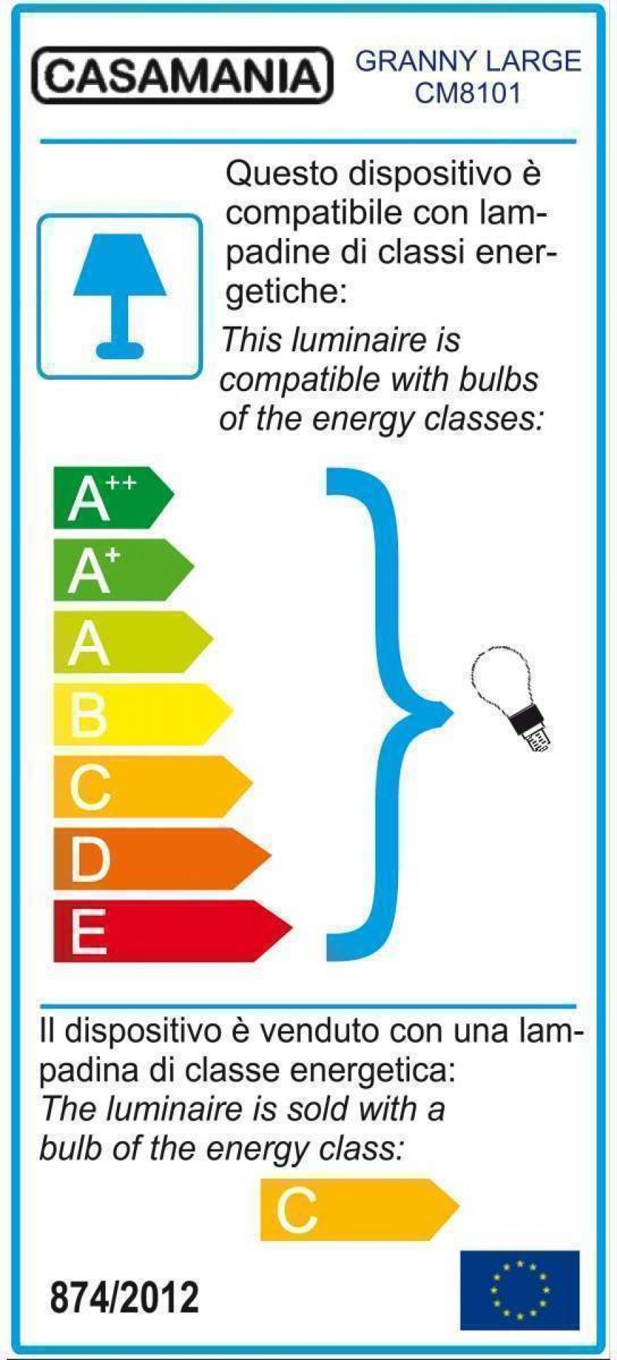 Energieeffizienzlabel der Granny Hängeleuchte von Casamania Horm, kompatibel mit Leuchtmitteln der Energieklassen A++ bis E.