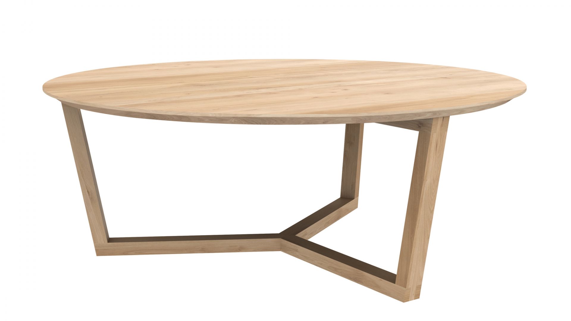 Ethnicraft Tripod Couchtisch aus Eiche, runder Wohnzimmertisch mit dreibeinigem Untergestell aus massivem Eichenholz.