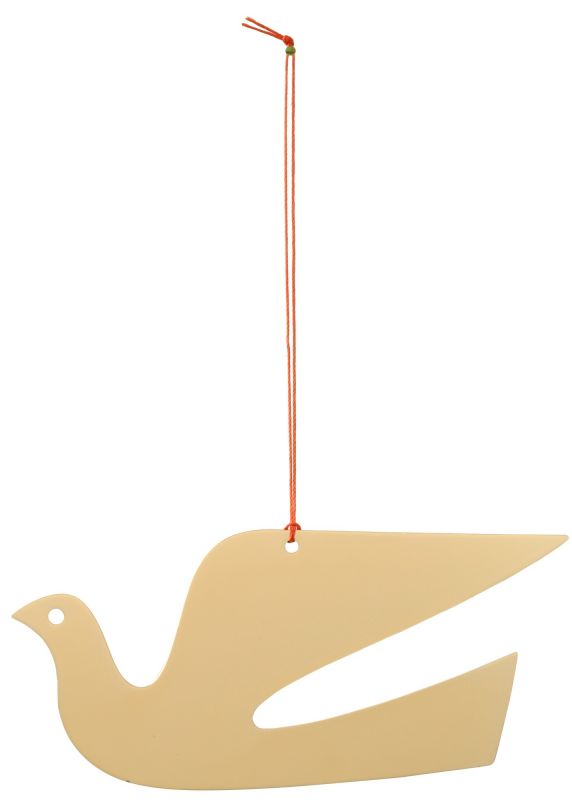 Beige Vitra-Taube als Ornament mit roter Aufhängeschnur, Dekoration für Weihnachten und das ganze Jahr.