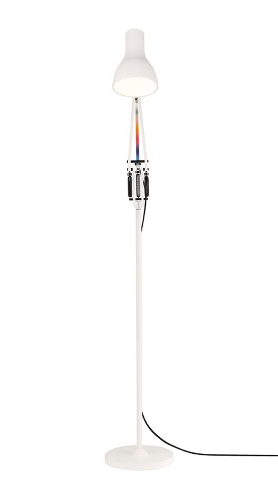 Weiße Type 75 Anglepoise Stehleuchte Paul Smith Edition mit verstellbarem Lampenschirm und Federmechanismus.