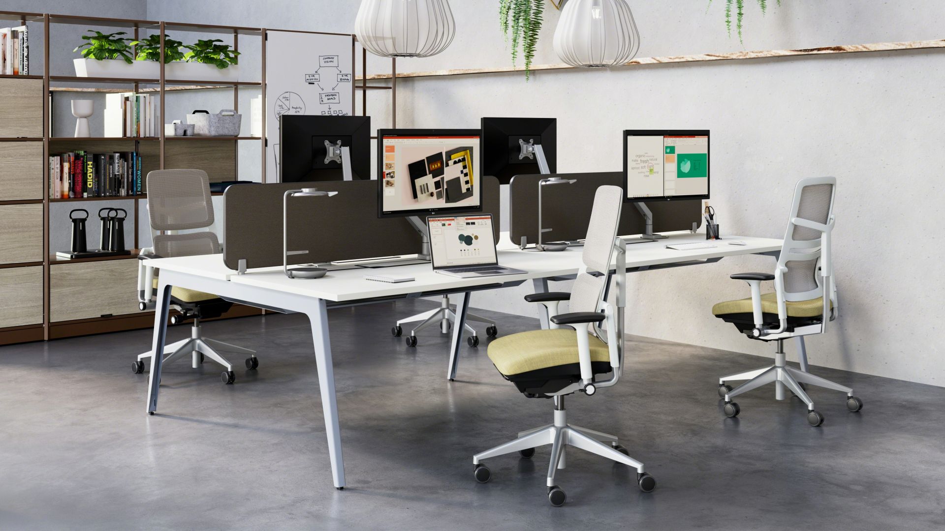 Büro mit mehreren Steelcase Please Air Stühlen mit Netzrücken und ergonomischen Büromöbeln.