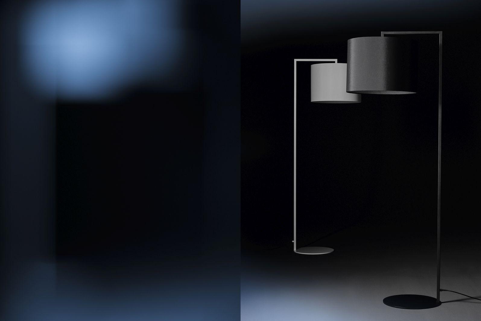Read Noon Stehleuchte: Moderne Stehlampen in Grau und Schwarz mit zylindrischen Lampenschirmen.
