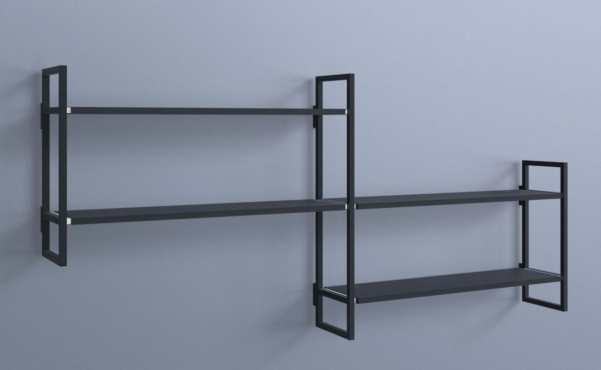 Schwarzes Wandregal Grundmodul F Oncono, modernes Regalsystem mit zwei Ebenen, minimalistisches Design für Wohnzimmer und Büro.