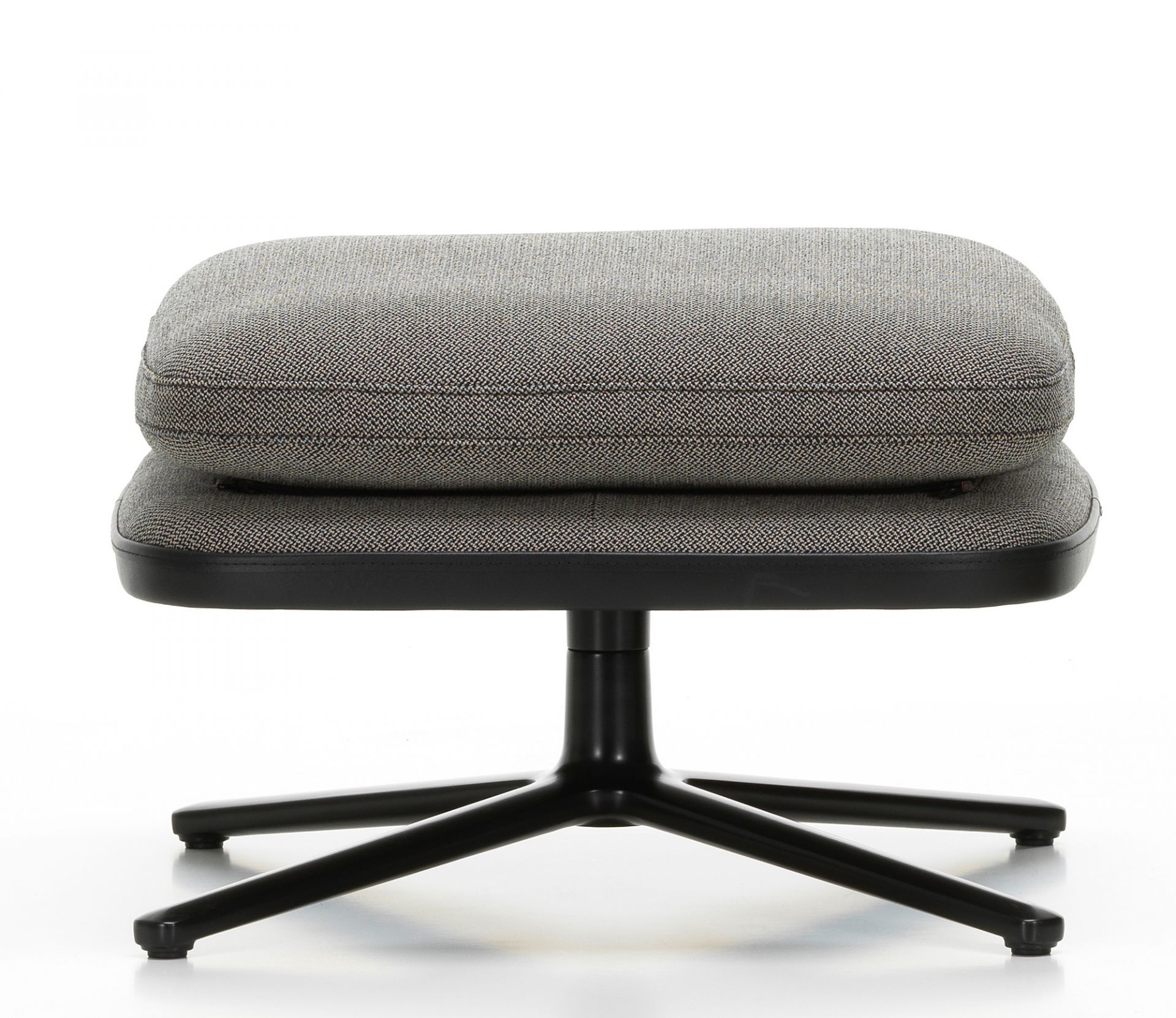 Grauer Vitra Ottoman mit Stoffbezug und schwarzem Fußkreuz. Fußhocker für Relaxsessel.