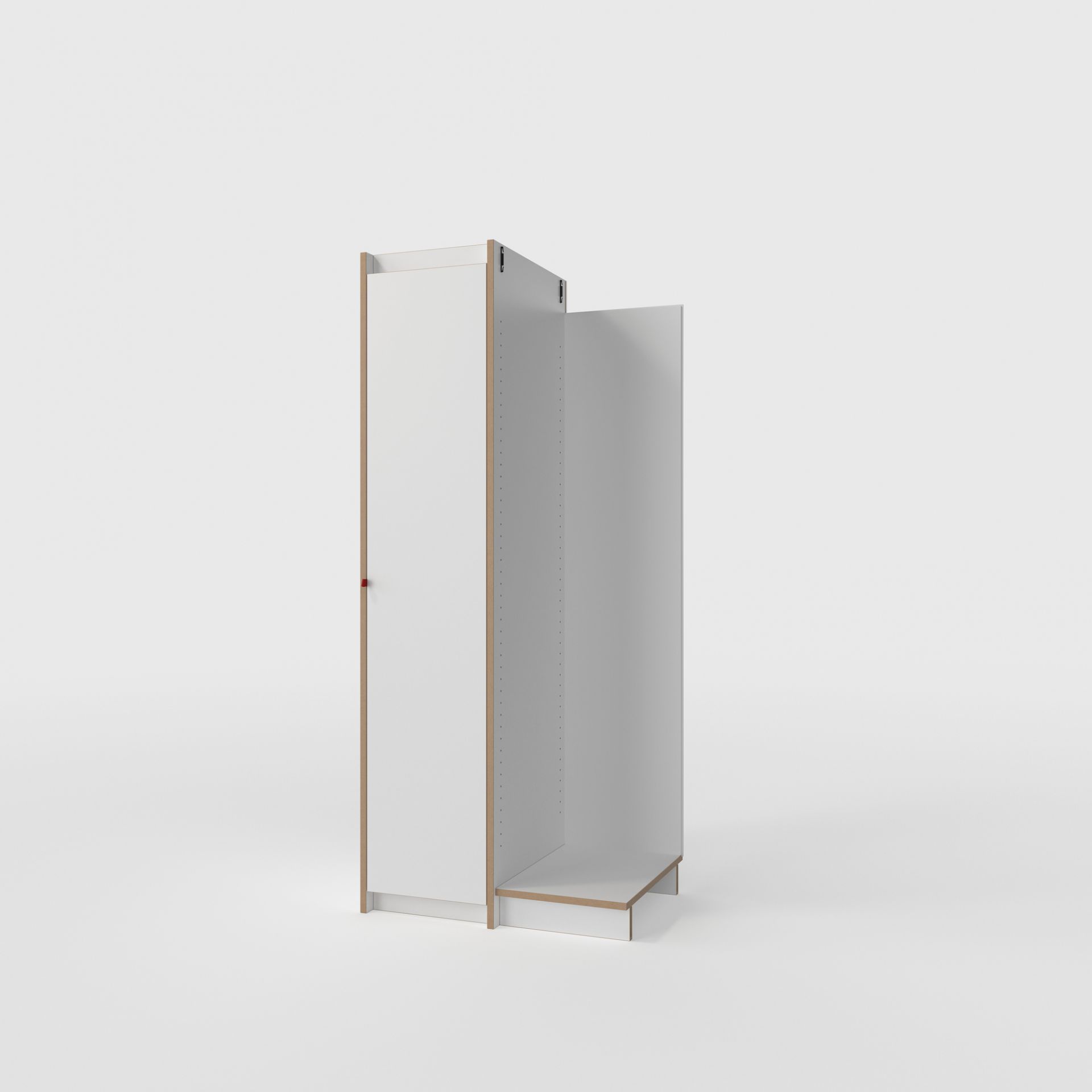 Tojo Steh Schrank Anbaumodul in Weiß und Holzoptik, offene Regalfächer und Schranktür.