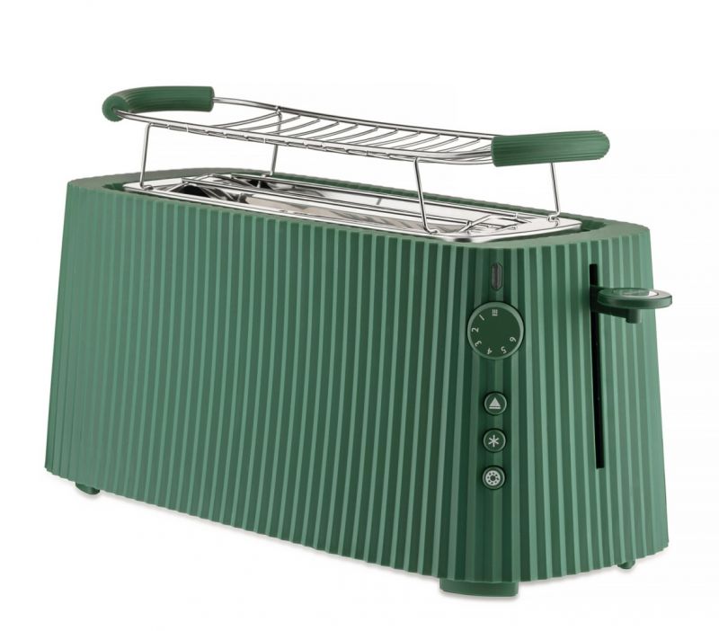 Grüner Alessi Plissé Toaster mit Rillenmuster und Brötchenaufsatz für knusprige Toasts und Brötchen.