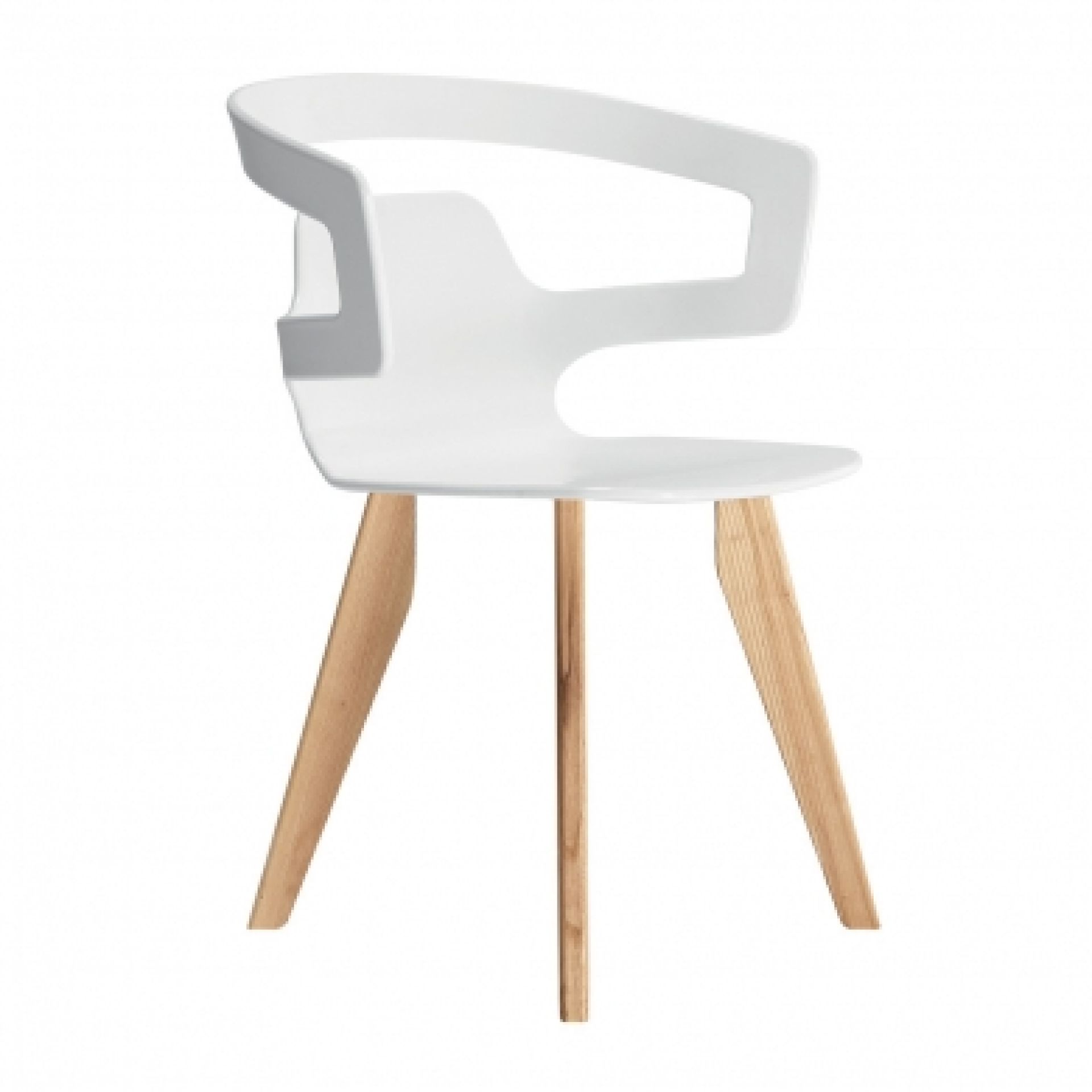 Weißer Segesta Stuhl mit Armlehne und Holzbeinen, moderner Designstuhl für Esszimmer und Büro.
