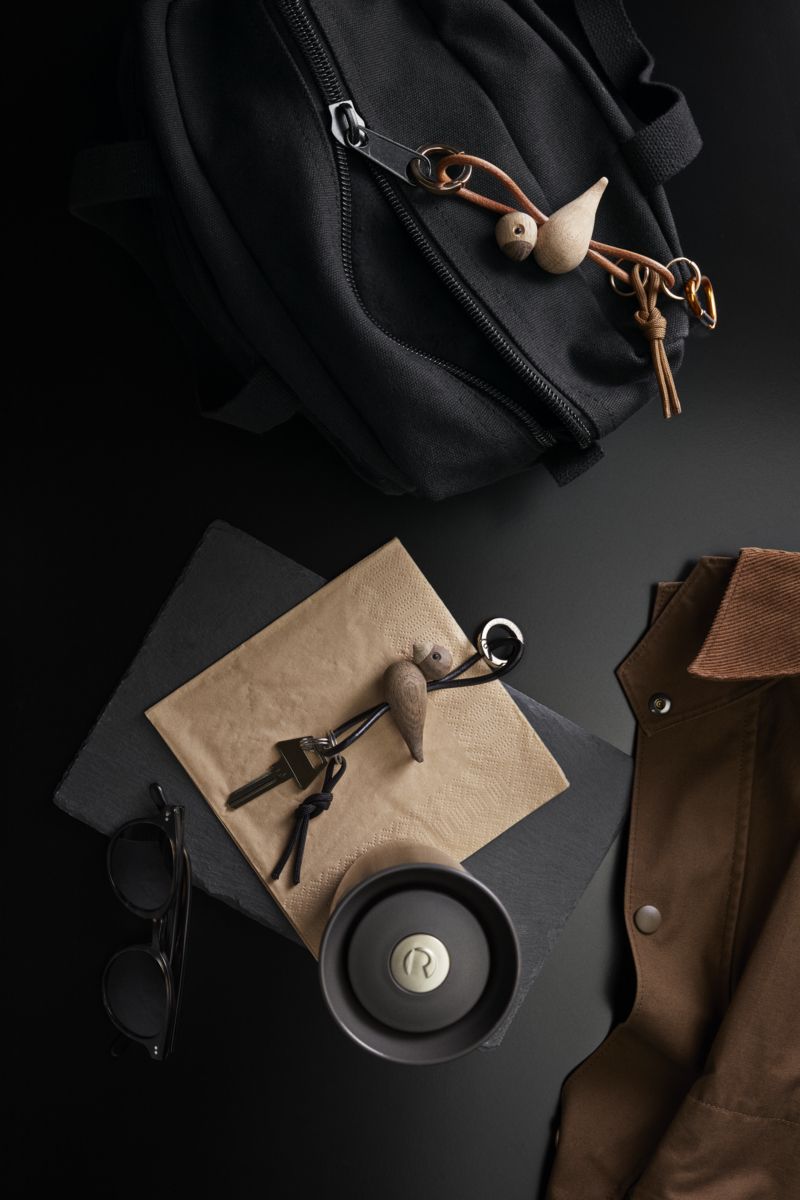 Vogel Eiche silberfarbenes Metall Schlusselanhänger mit Schwarzem leder Kay Bojesen 