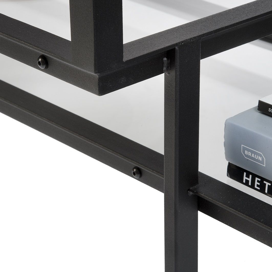 Detailaufnahme vom Tangled Kabinettschrank Sideboard Spectrum mit schwarzem Metallgestell und weißen Regalböden.