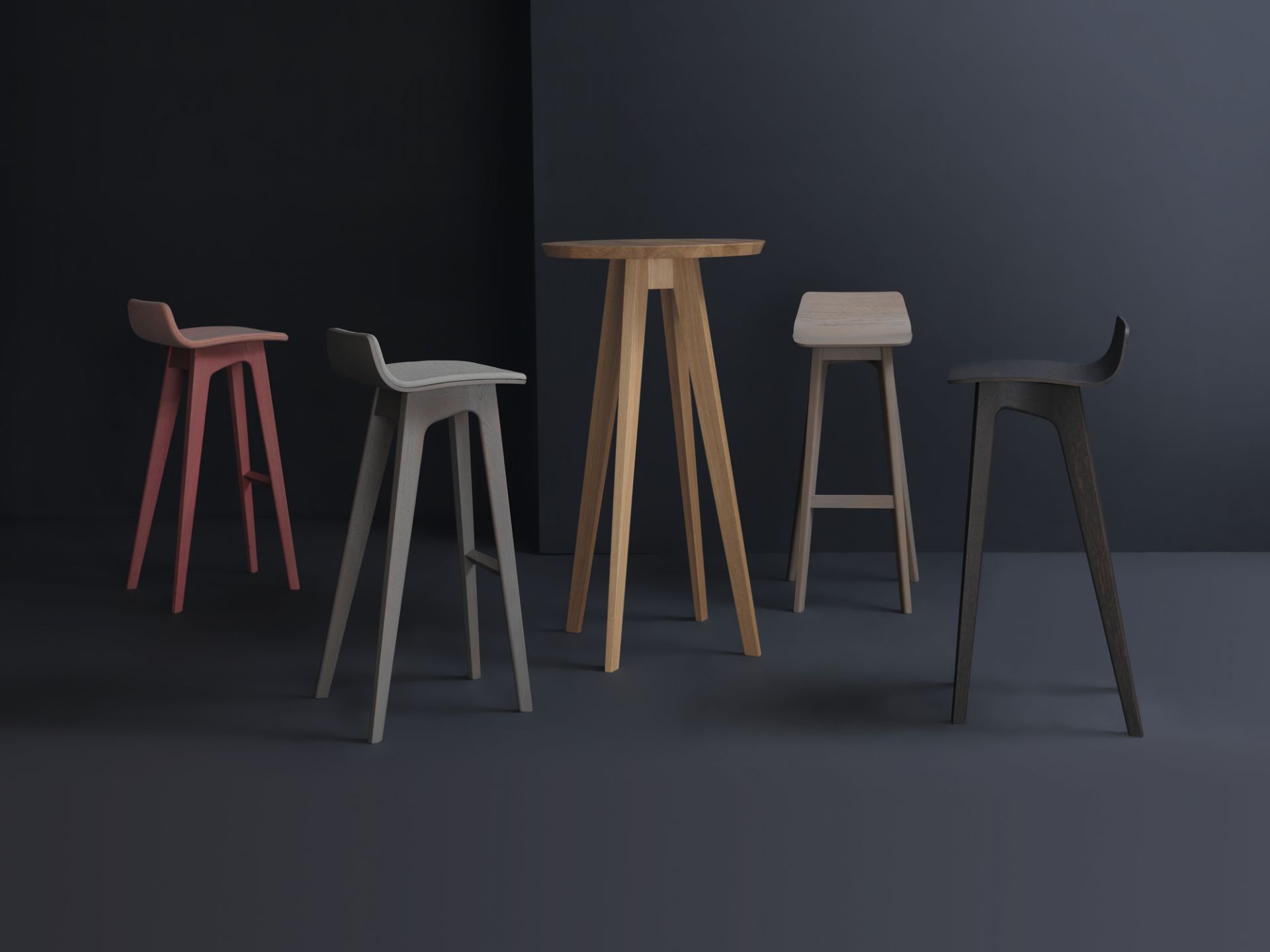 Morph Barhocker aus Eiche mit 80 cm Sitzhöhe und passendem Stehtisch in verschiedenen Farben.