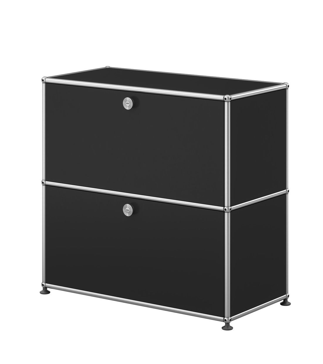 USM Haller Sideboard in Graphitschwarz mit zwei abschließbaren Fächern und verchromtem Gestell.