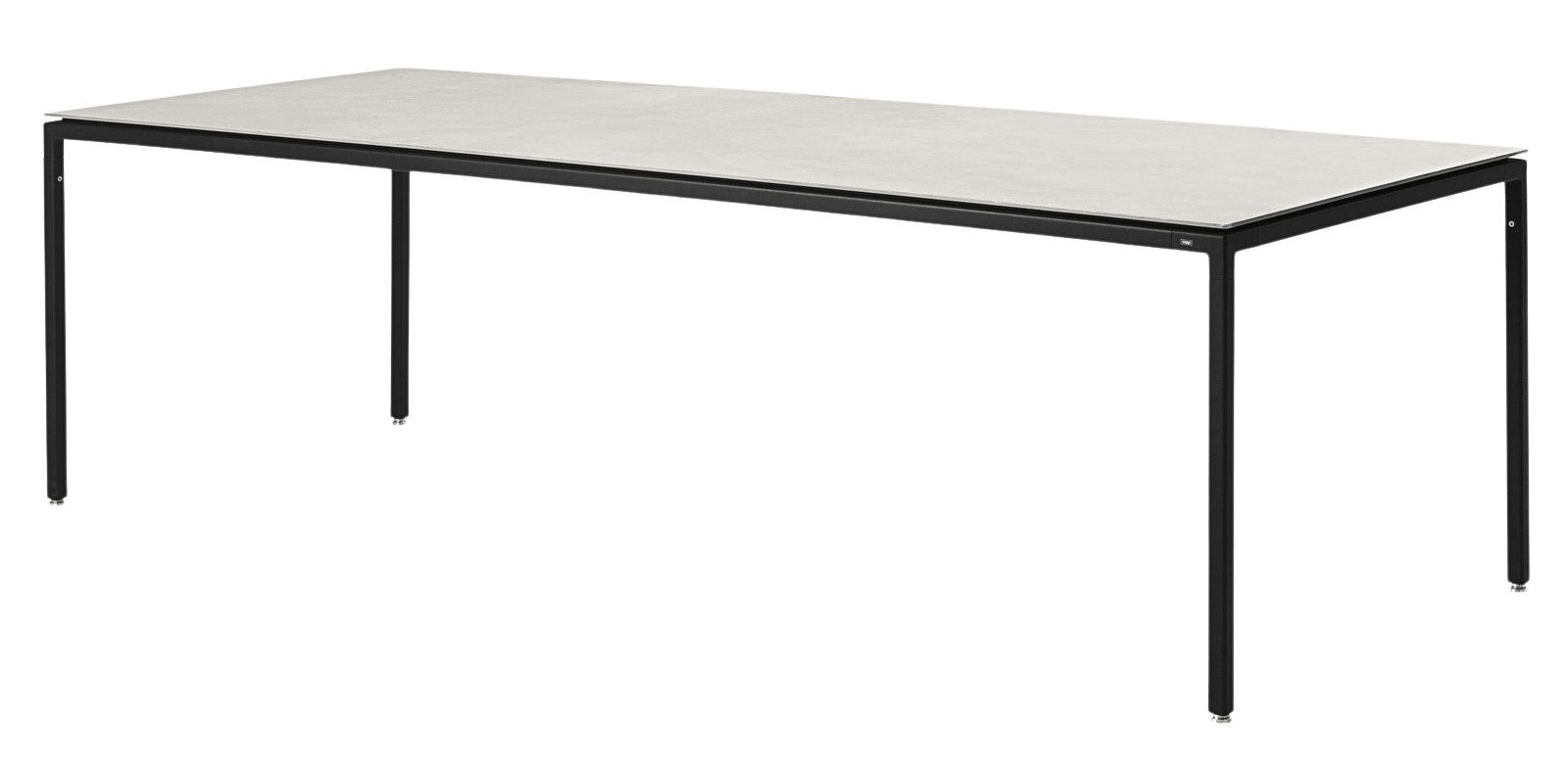 Großer Esstisch von Vipp mit grauer Tischplatte und schwarzem Stahlgestell für Esszimmer und Küche.