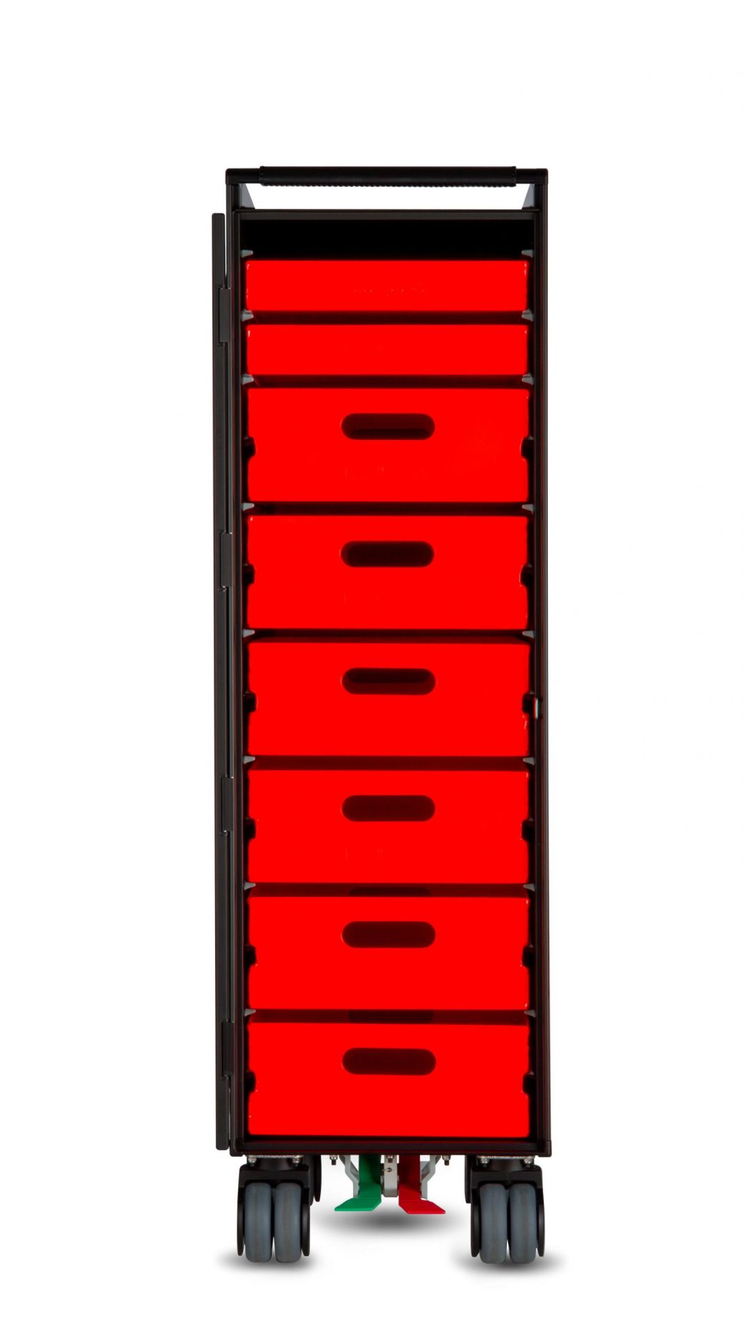 Voyager Flugzeugtrolley Neonblack mit roten Schubladen und Rollen, ideal als Bordbar oder Stauraummöbel.