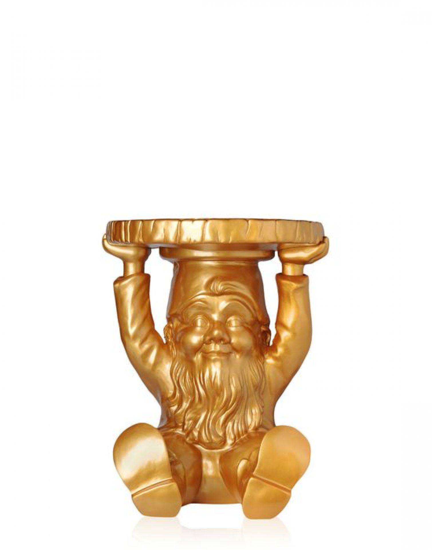 Goldener Gnom-Beistelltisch von Kartell: Dekorative Zwerg-Skulptur als Hocker oder Ablage, glänzende Gold-Edition.