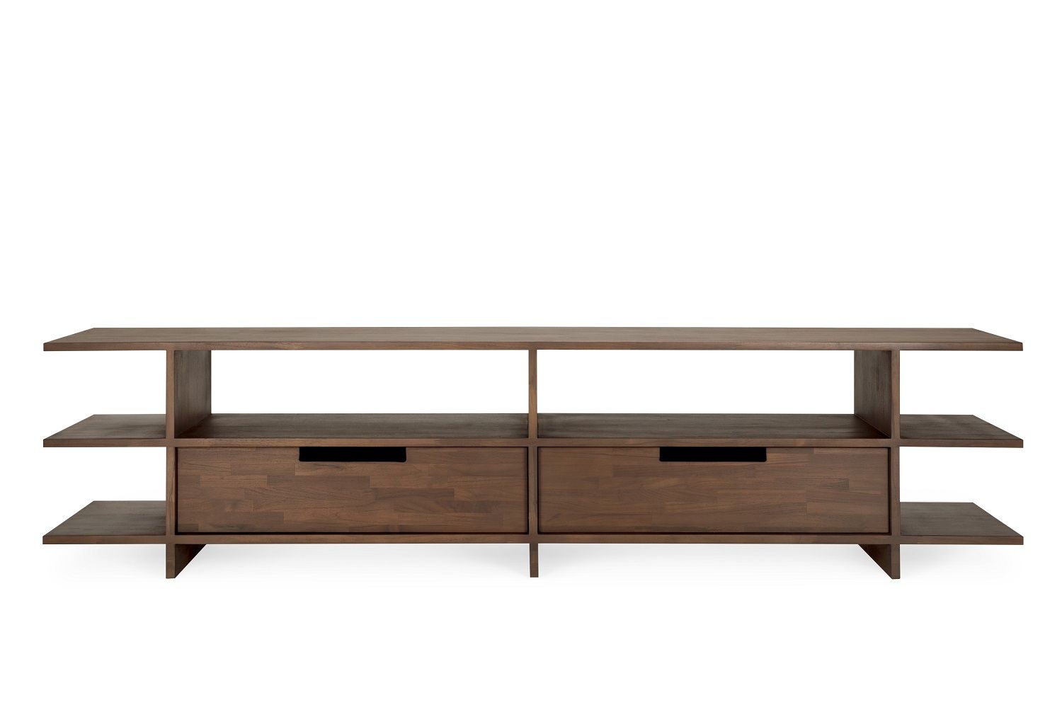 Kabuki TV Anrichte aus Teakholz in Dunkelbraun mit zwei Schubladen und offenen Regalfächern.