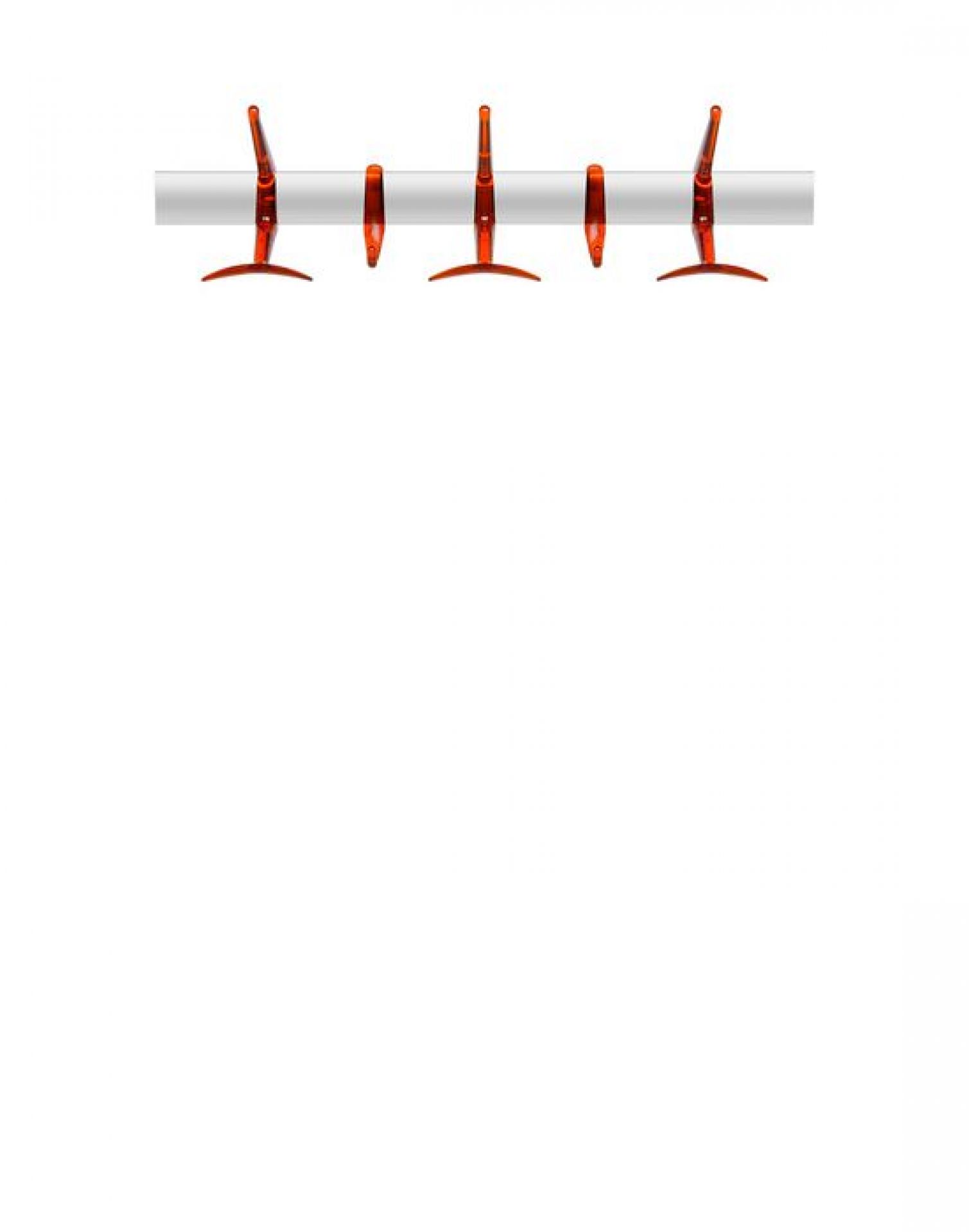 Orangefarbene Kartell Hanger Wandgarderobe mit fünf Haken an einer weißen Stange für Jacken und Mäntel.