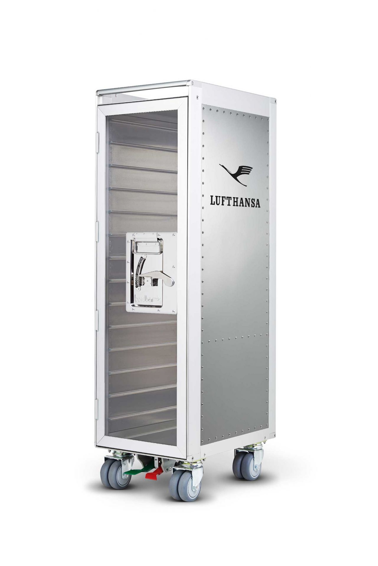 Rivet Rocker Lufthansa Flugzeugtrolley mit transparenter Tür, ideal als stilvolle Bordbar.