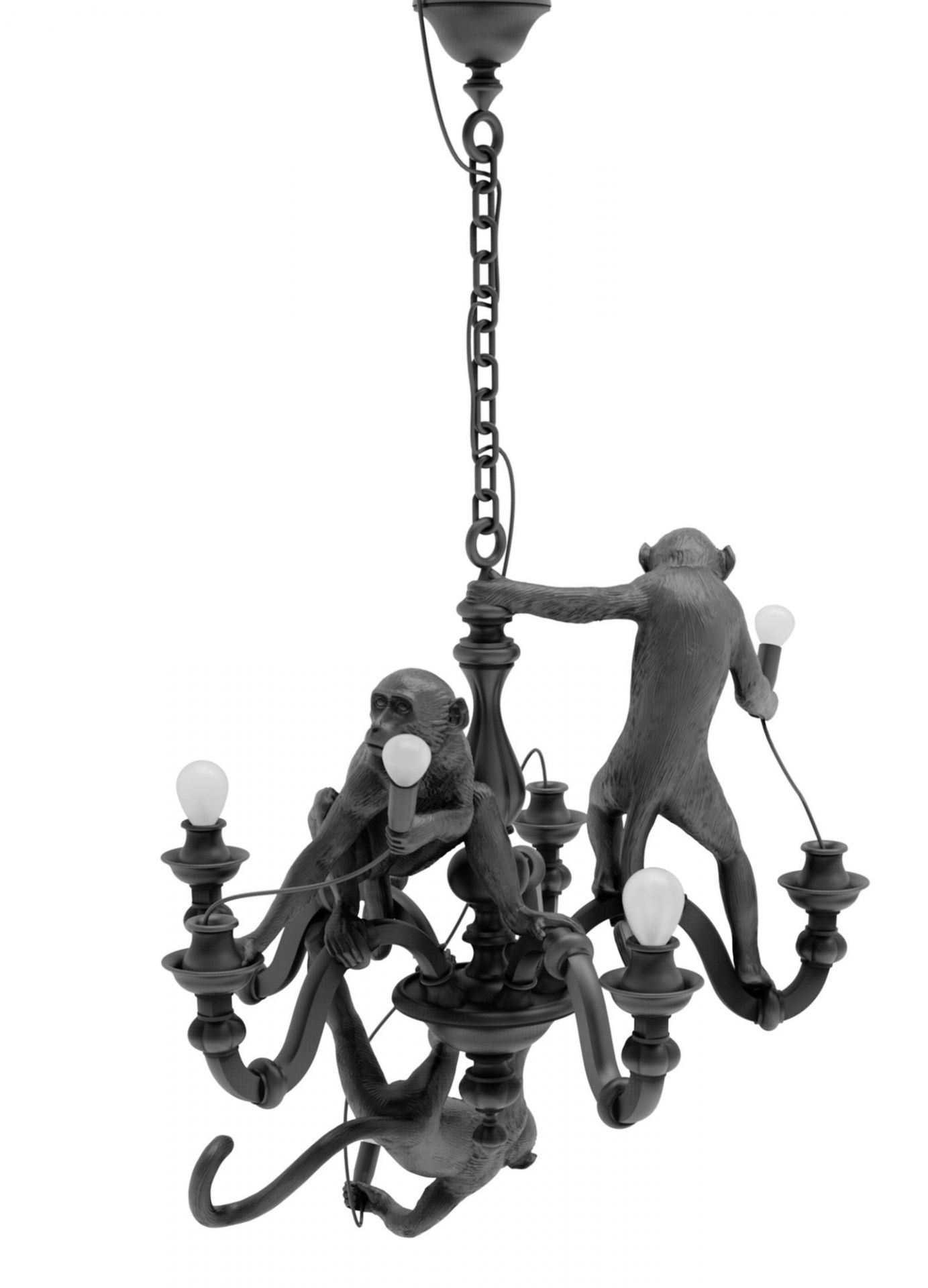 Schwarze Monkey Lampe von Seletti: Hängende Pendelleuchte mit Affenfiguren, die Glühbirnen halten. Designlampe für Wohnzimmer.