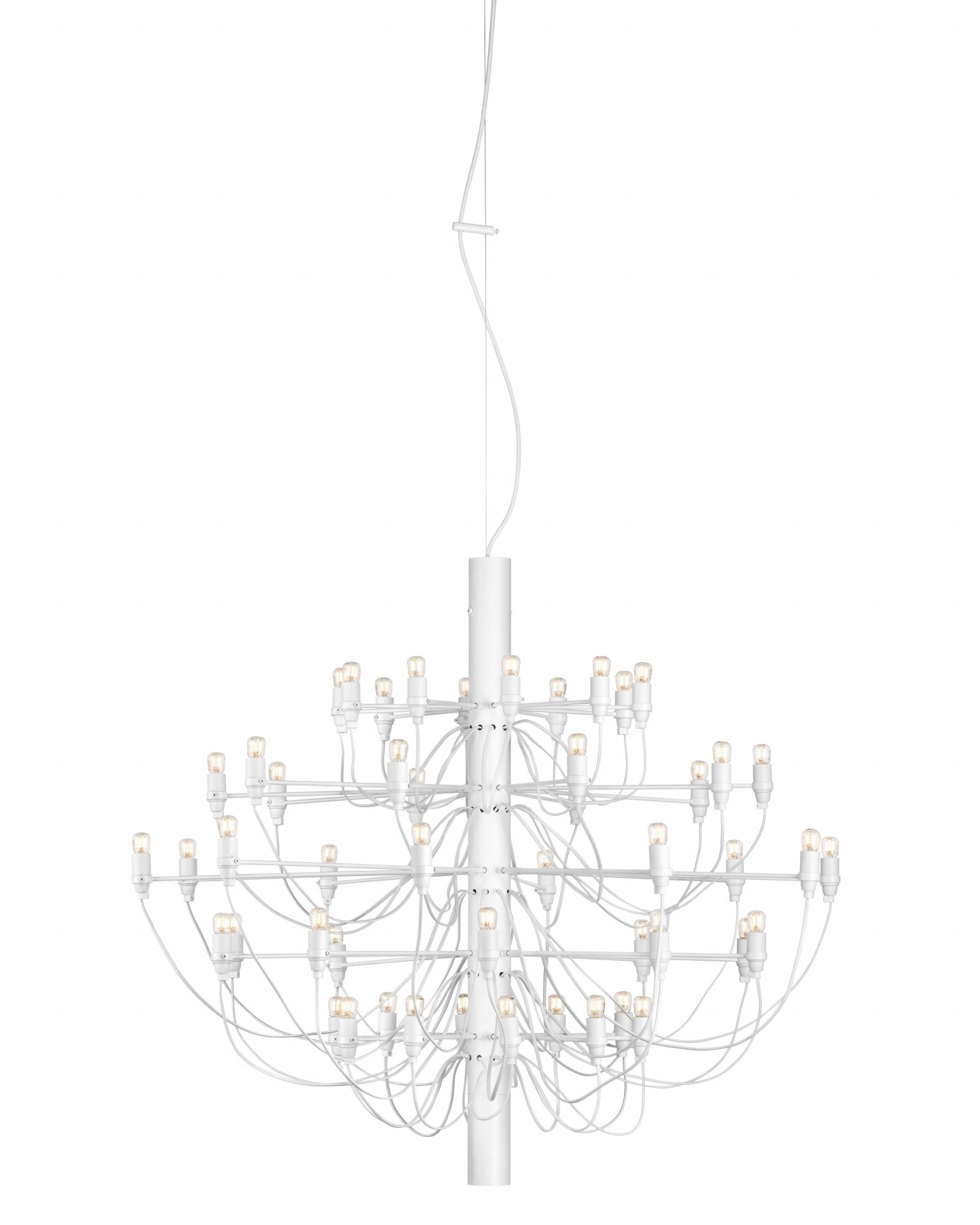 Weißer Flos 2097 Kronleuchter mit klaren Glühbirnen, moderne Deckenleuchte für stilvolle Innenräume.