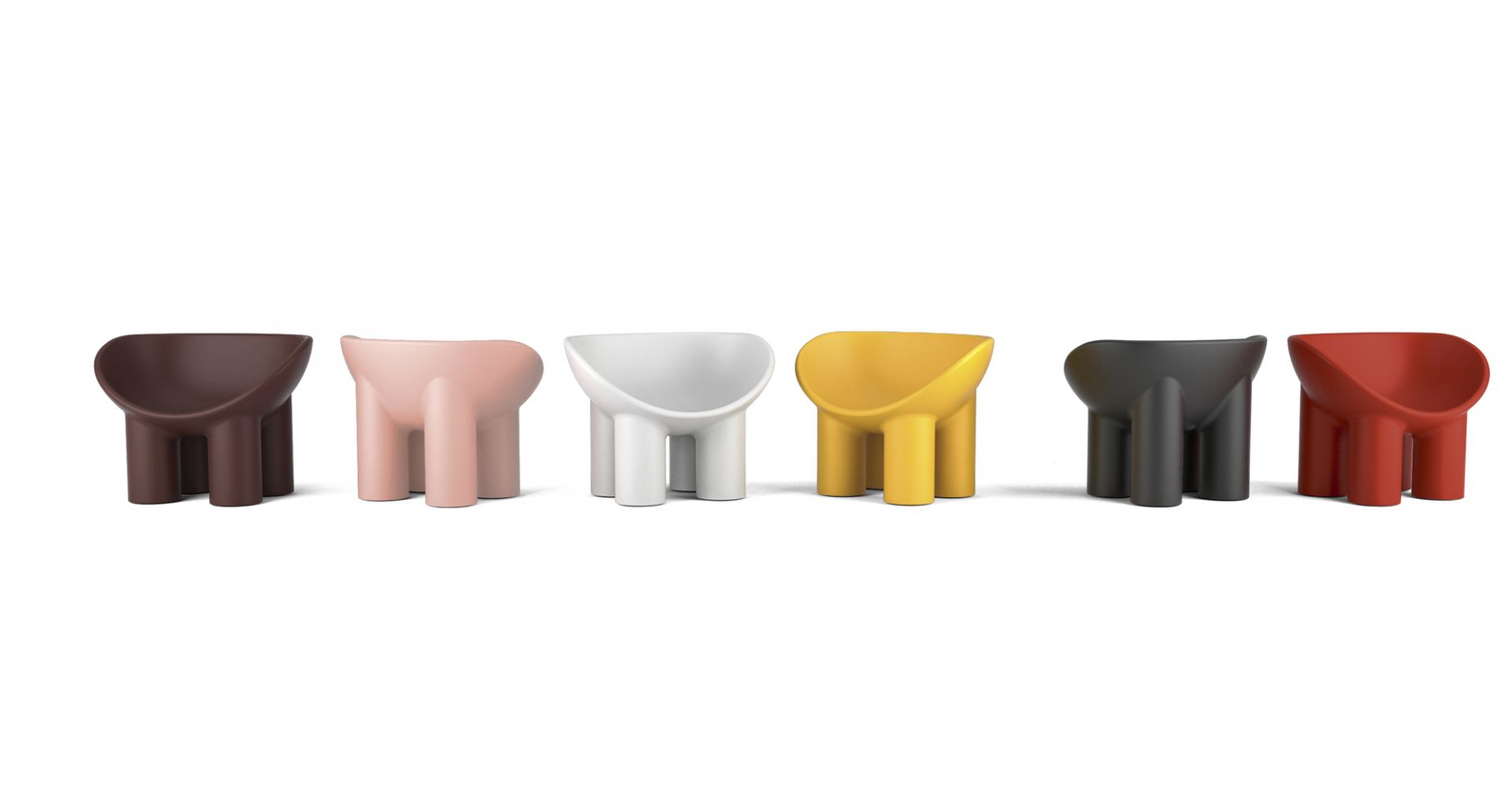 Reihe von Roly Poly Stühlen in verschiedenen Farben, moderner Design Sessel.