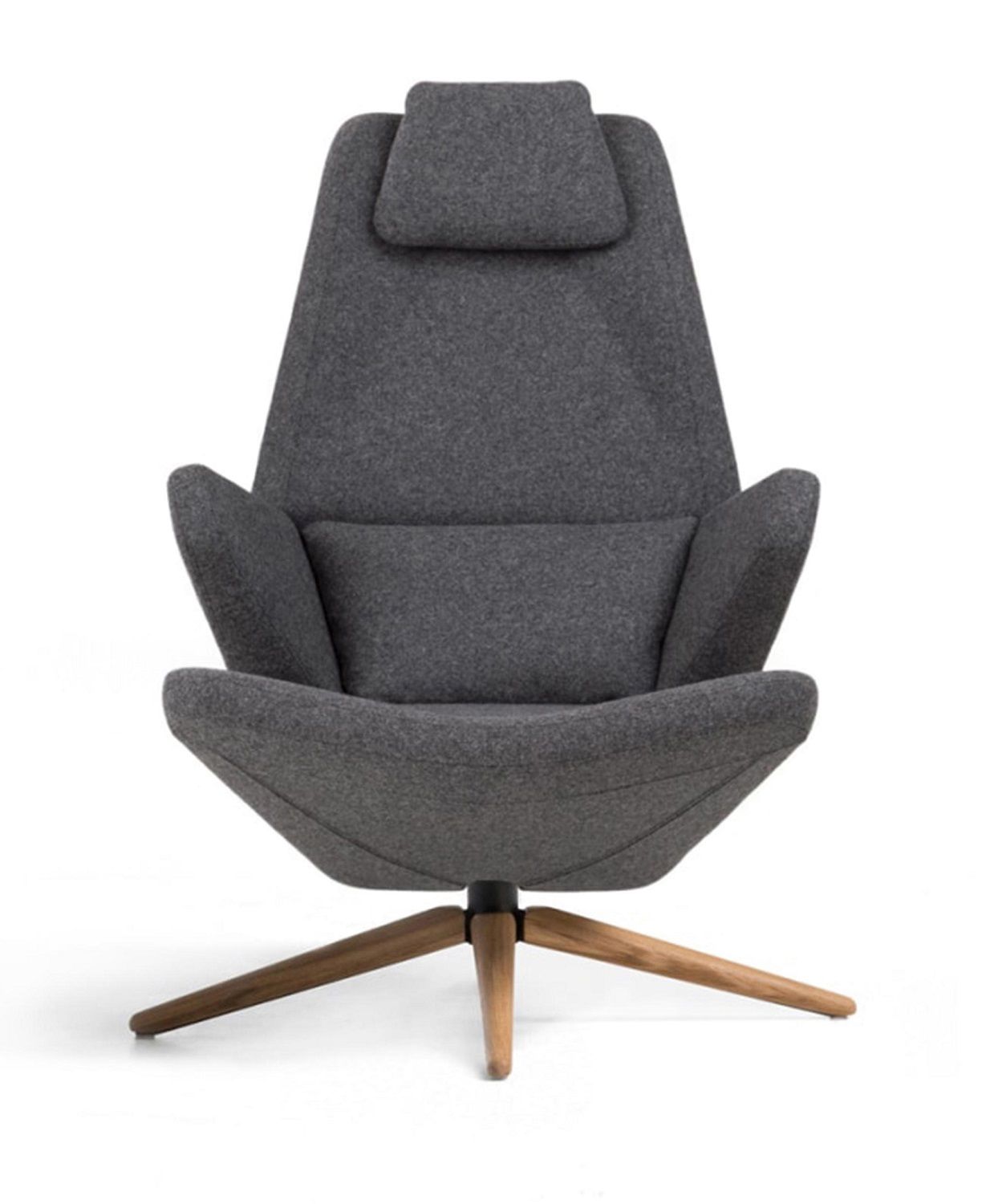 Grauer Trifidae Armsessel von Prostoria mit Kopfstütze und Holzfuß für Konferenzräume und Büros.