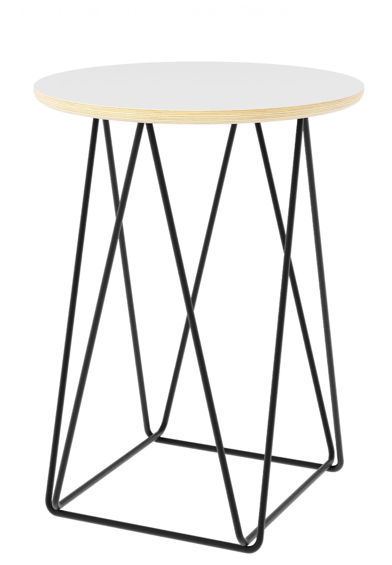 Luna Beistelltisch von Müller Möbelwerkstätten mit runder, weißer Tischplatte und schwarzem Drahtgestell.