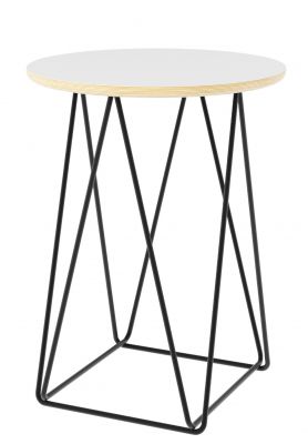 Luna Beistelltisch von Müller Möbelwerkstätten mit runder, weißer Tischplatte und schwarzem Drahtgestell.